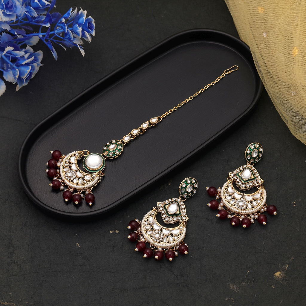 Maroon Color Bridal Kundan Earrings Tikka Set