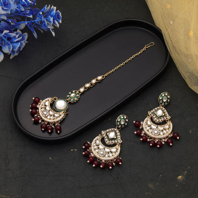 Maroon Color Bridal Kundan Earrings Tikka Set
