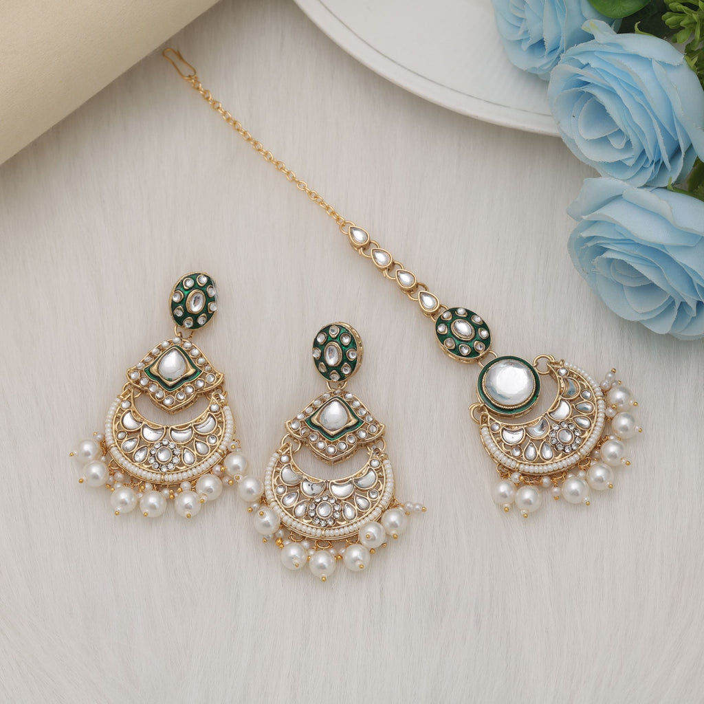 White Color Designer Kundan Earrings Tikka Set