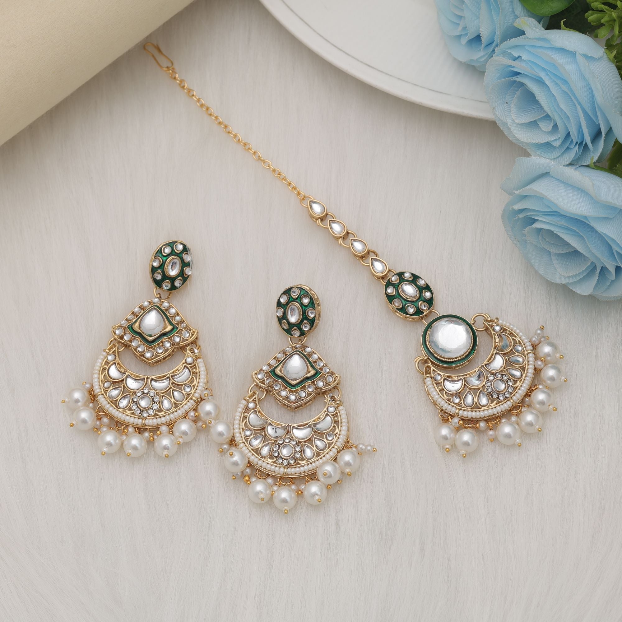 White Color Designer Kundan Earrings Tikka Set