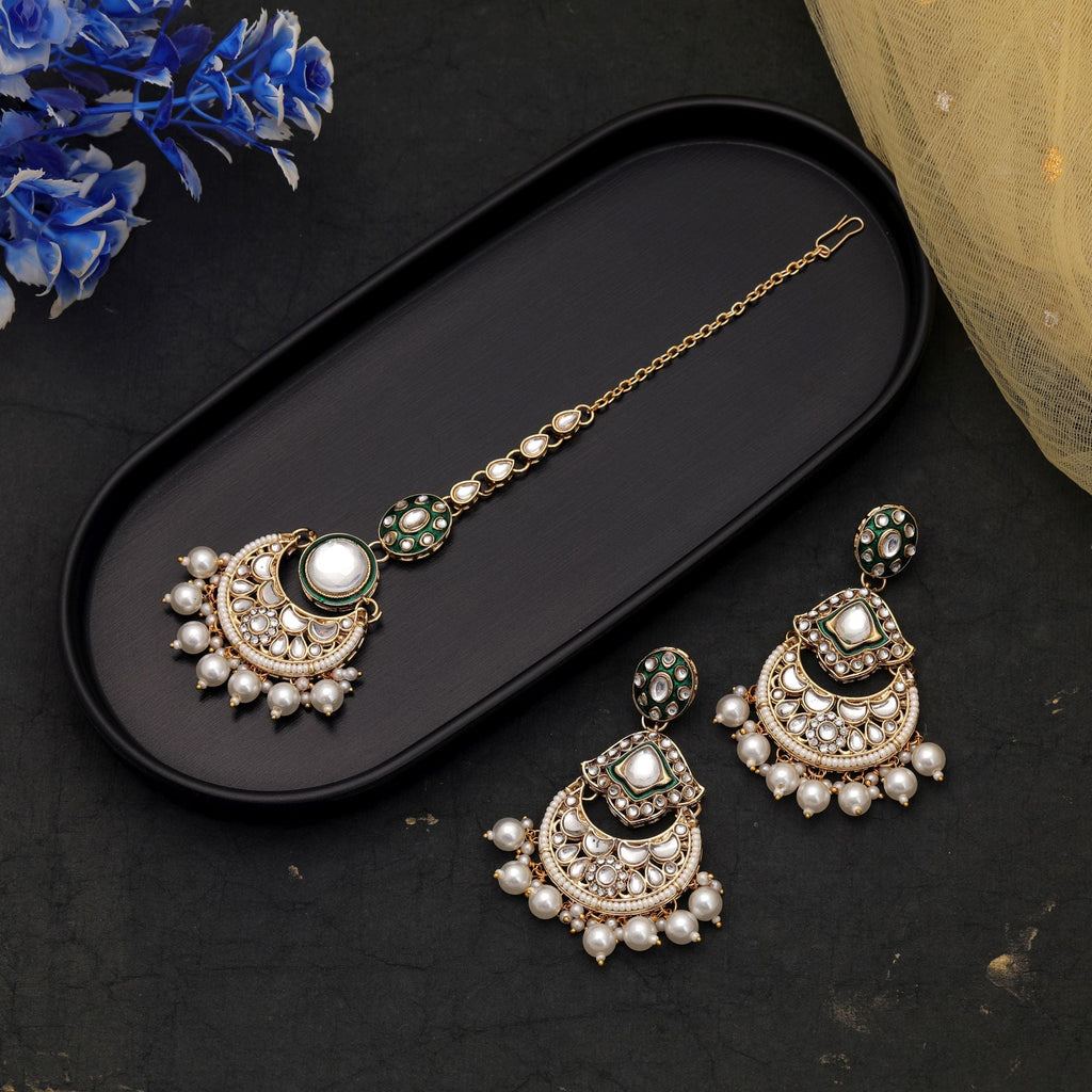 White Color Designer Kundan Earrings Tikka Set