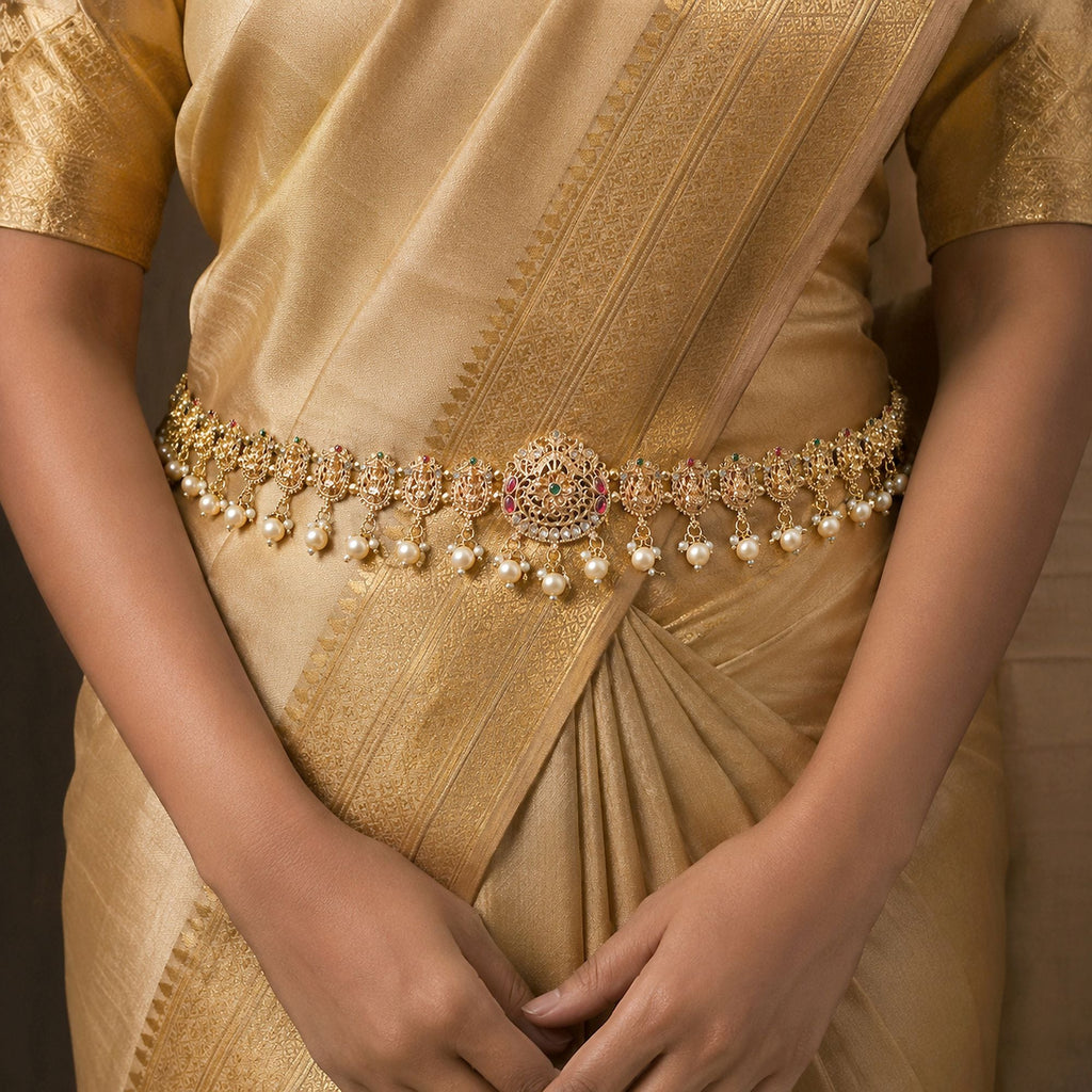 Rani & Green Color Temple Kamarband Wedding Saree Fashion