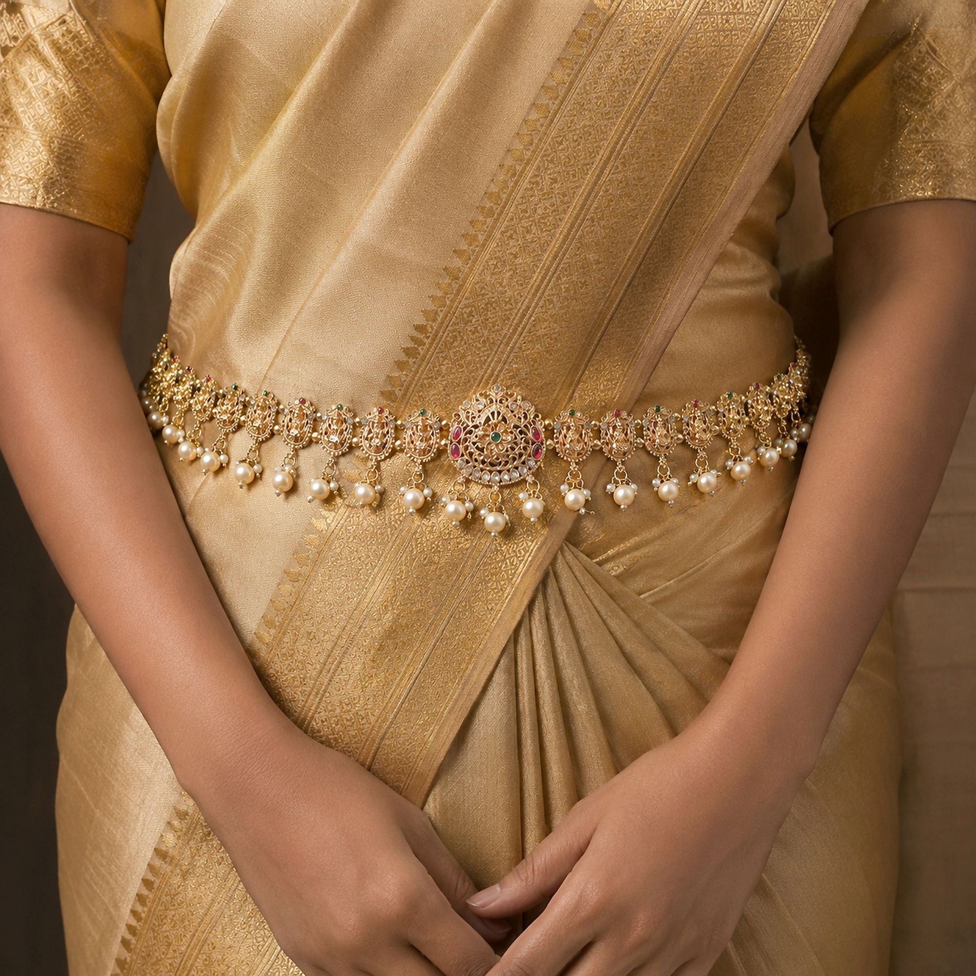 Rani & Green Color Temple Kamarband Wedding Saree Fashion