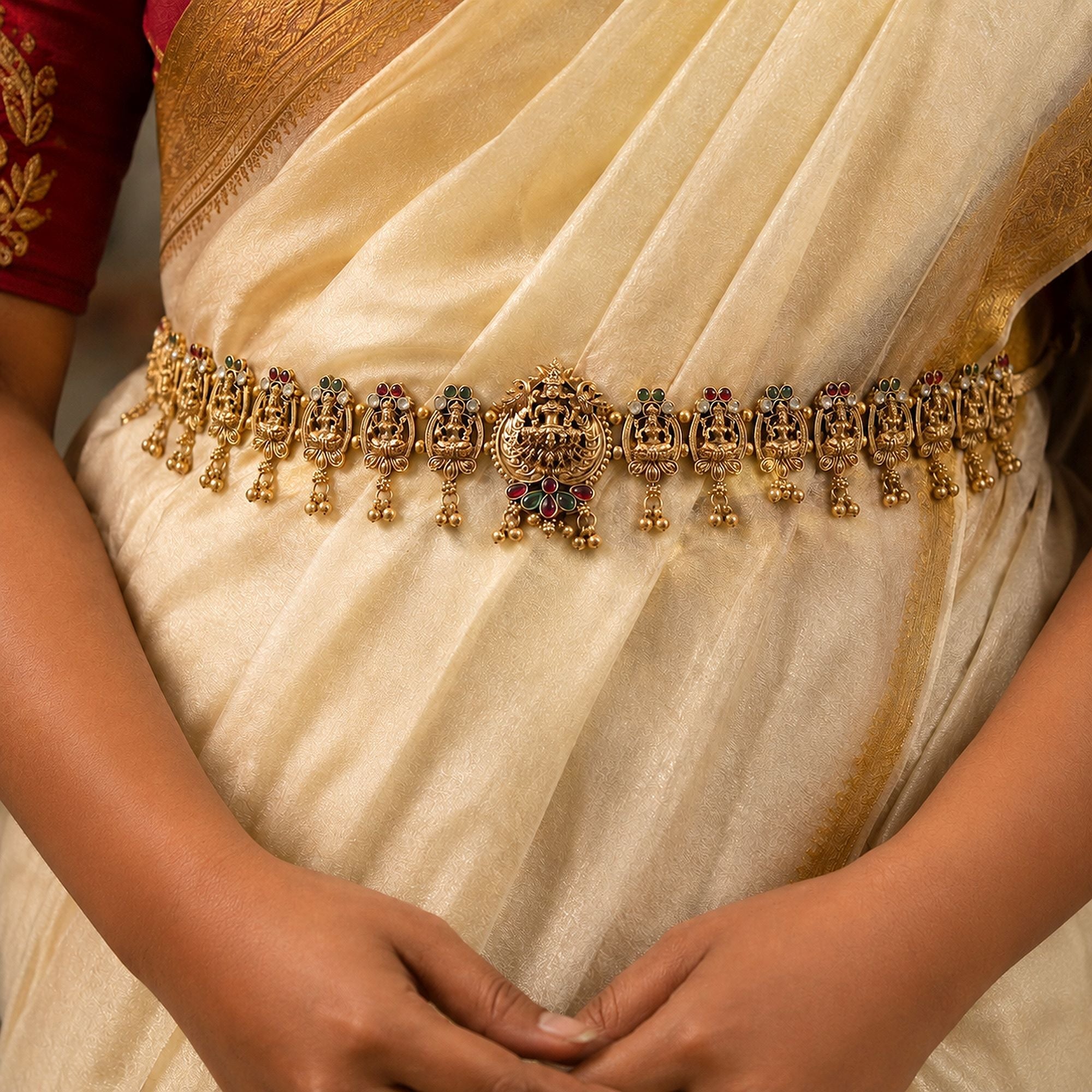 Rani & Green Color Temple Kamarband Elegant Bridal Finish
