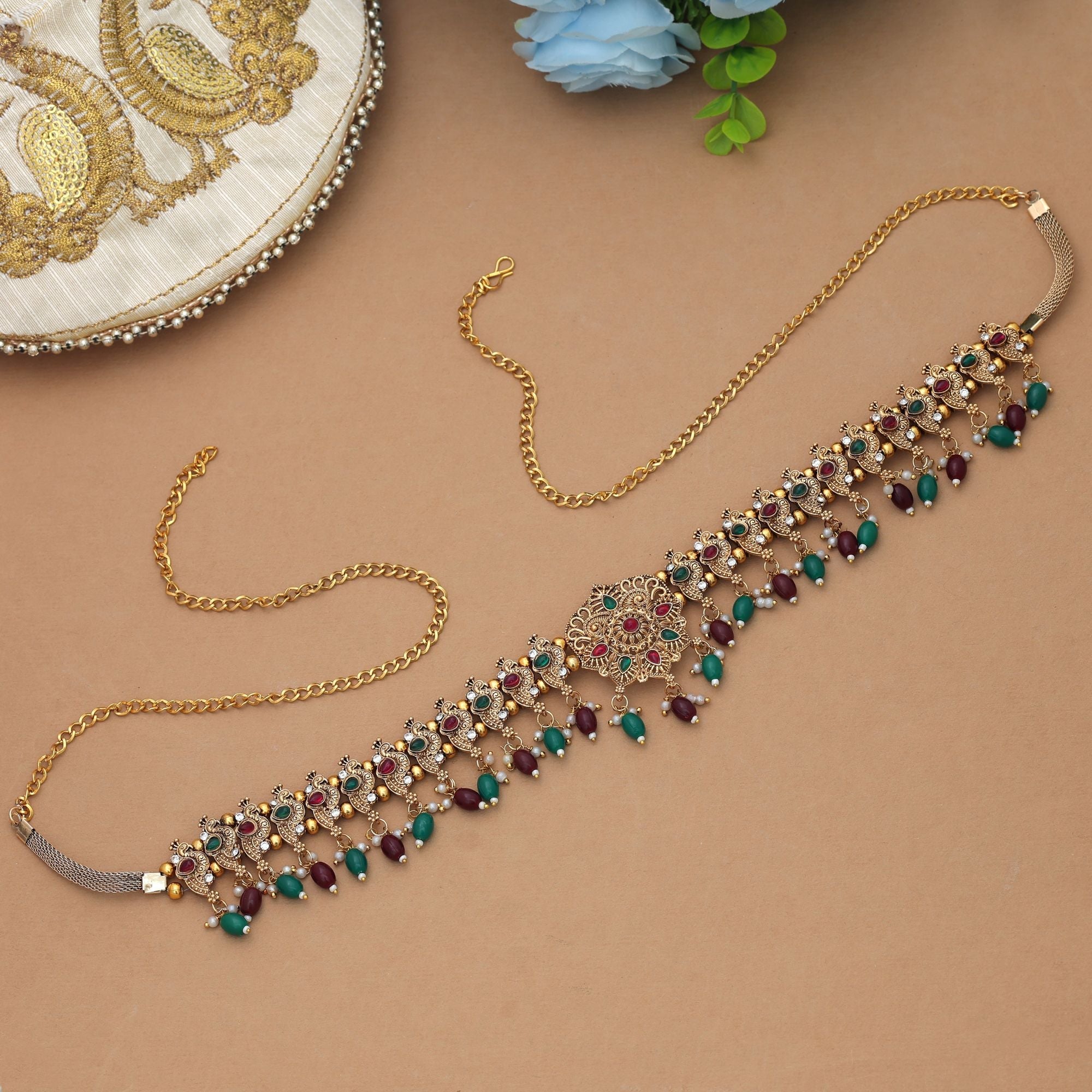 Maroon & Green Color Temple Kamarband Bridal Party Collection