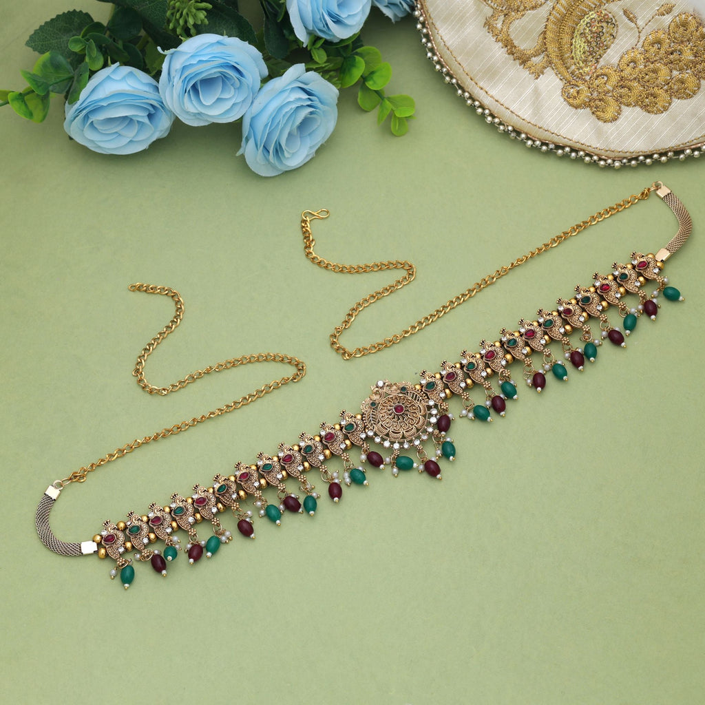 Maroon & Green Color Temple Kamarband Antique Jewelry Finish