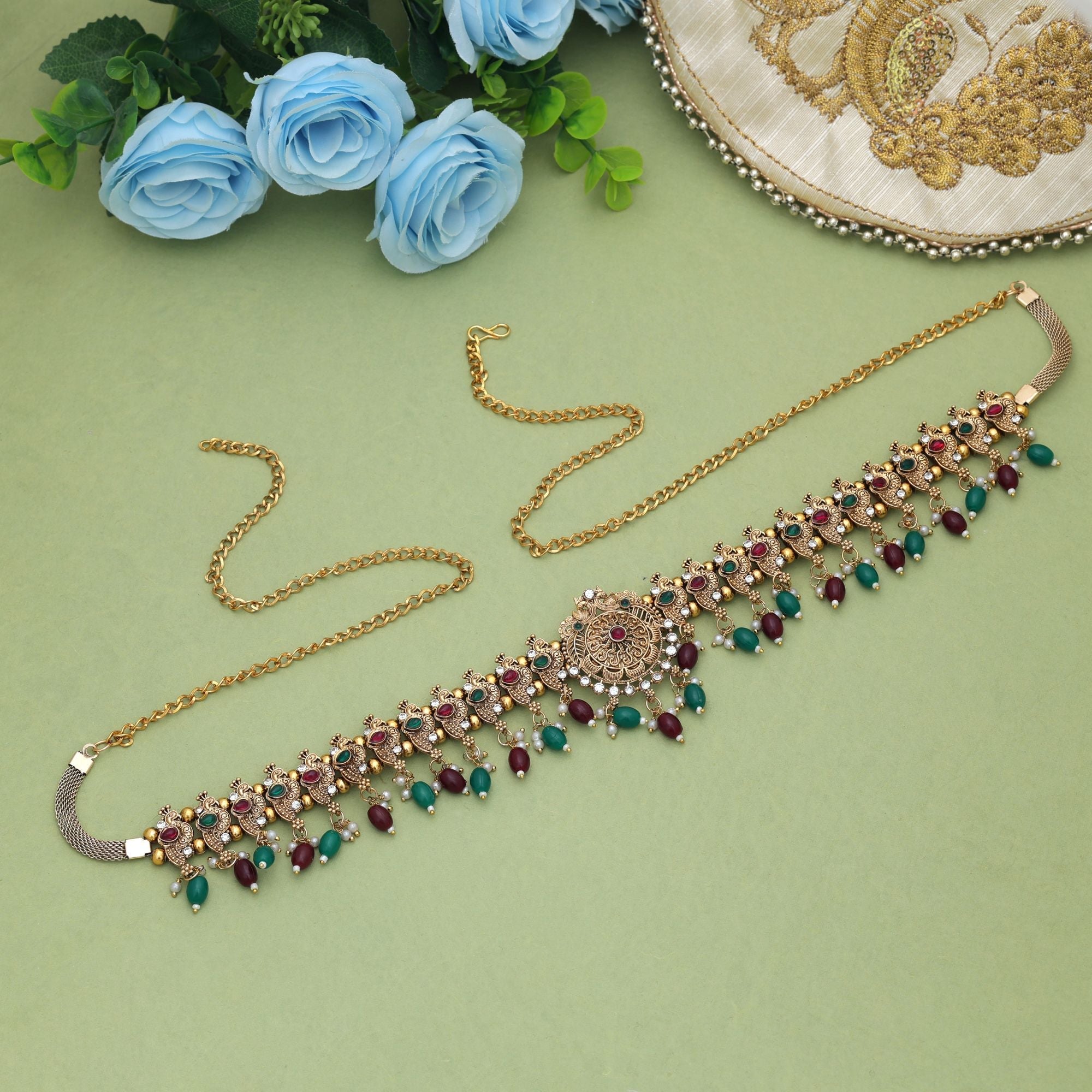 Maroon & Green Color Temple Kamarband Antique Jewelry Finish