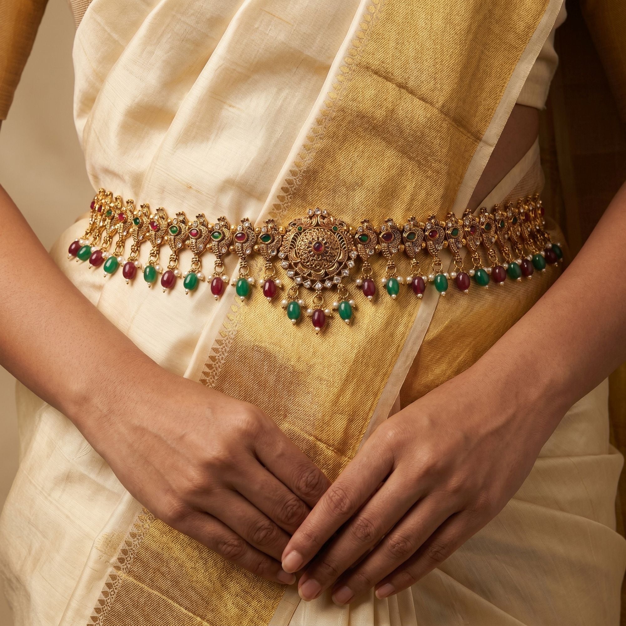 Maroon & Green Color Temple Kamarband Antique Jewelry Finish