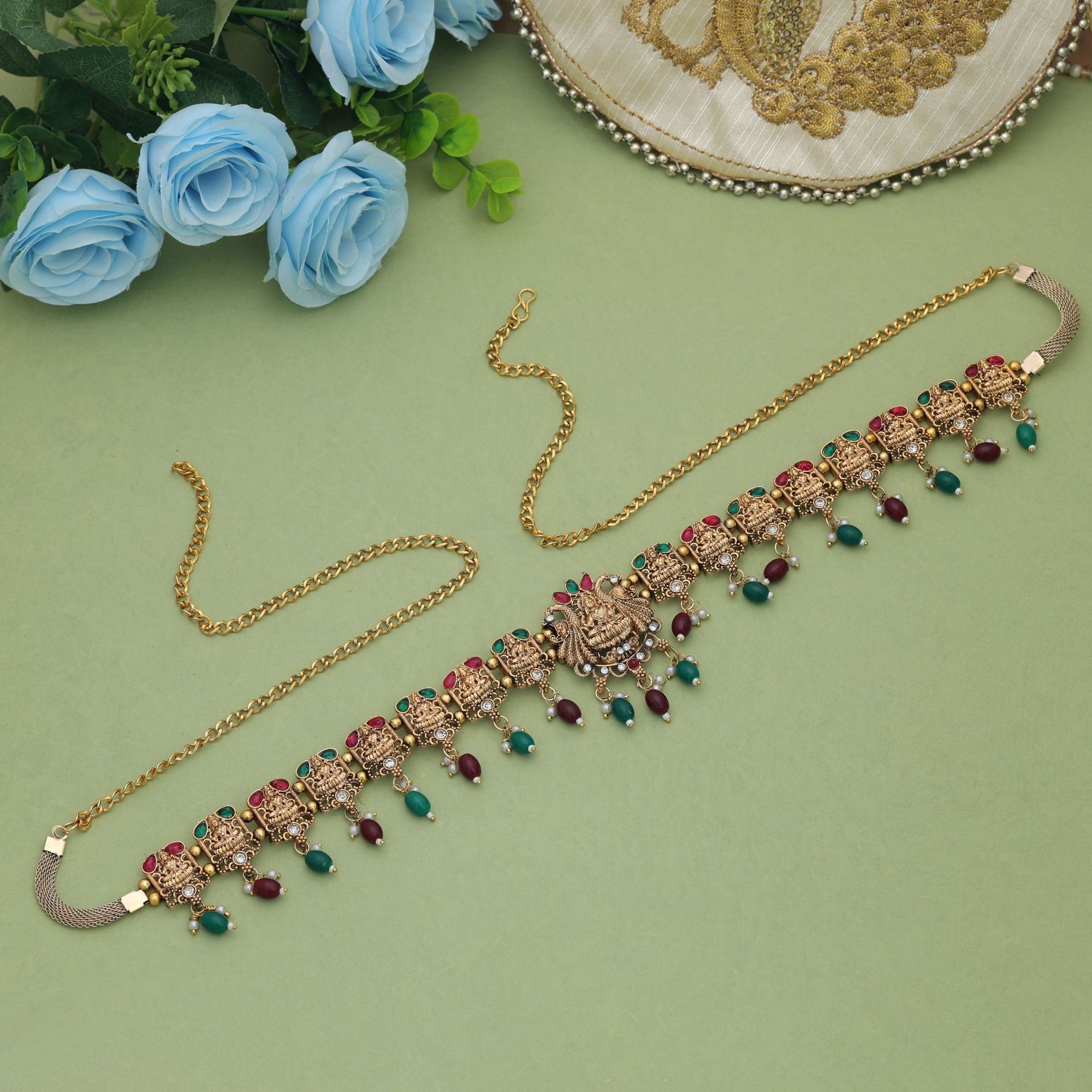 Maroon & Green Color Temple Kamarband Ethnic Bridal Collection