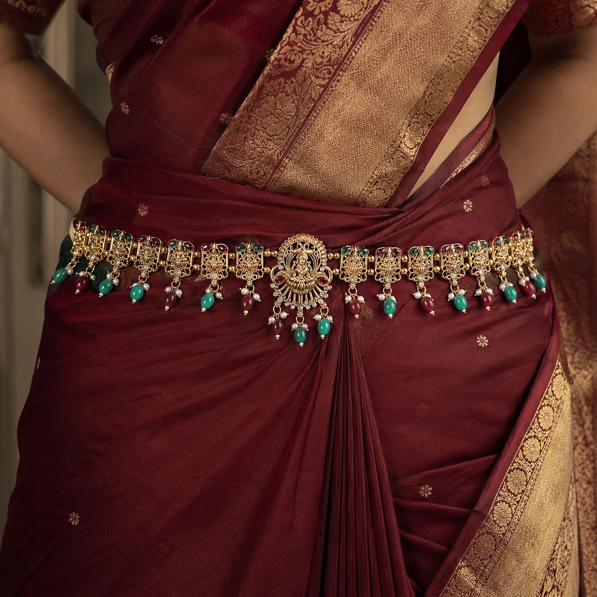 Maroon & Green Color Temple Kamarband Heritage Artwork Design