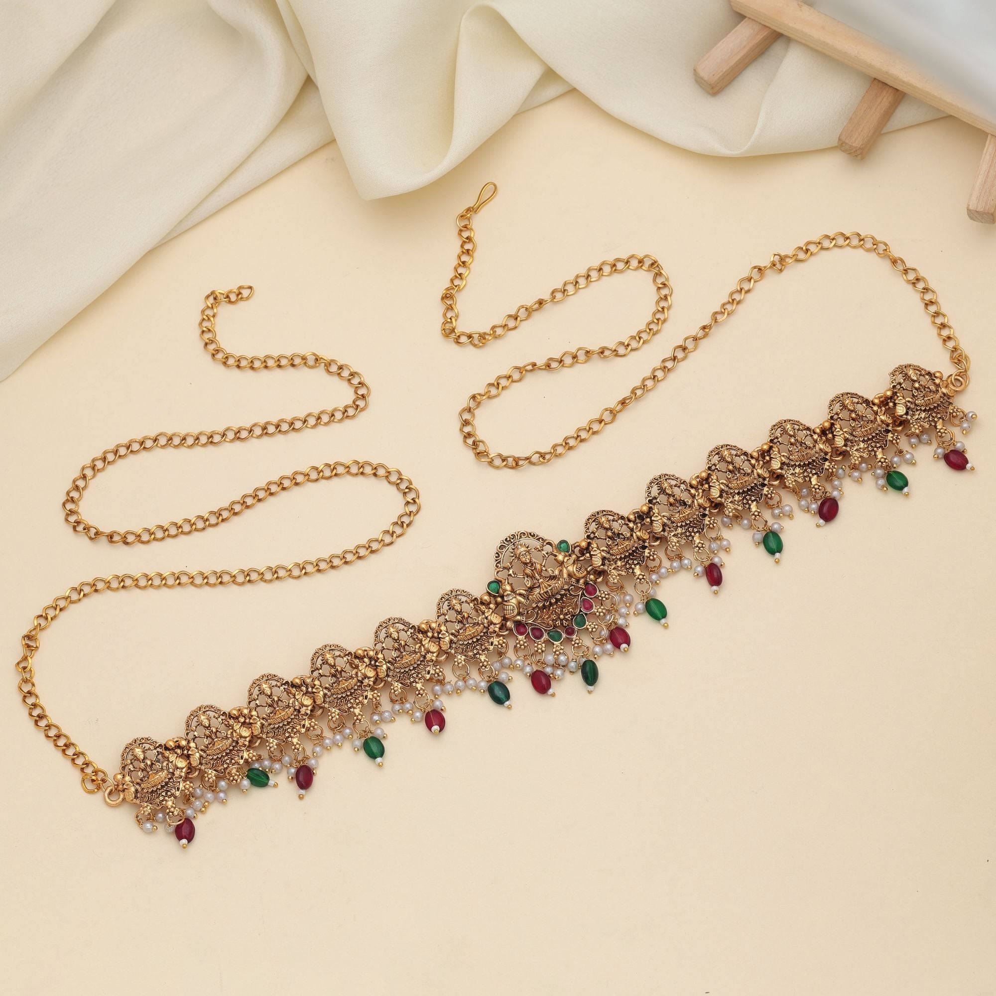 Maroon & Green Color Temple Kamarband Antique Bridal Finish