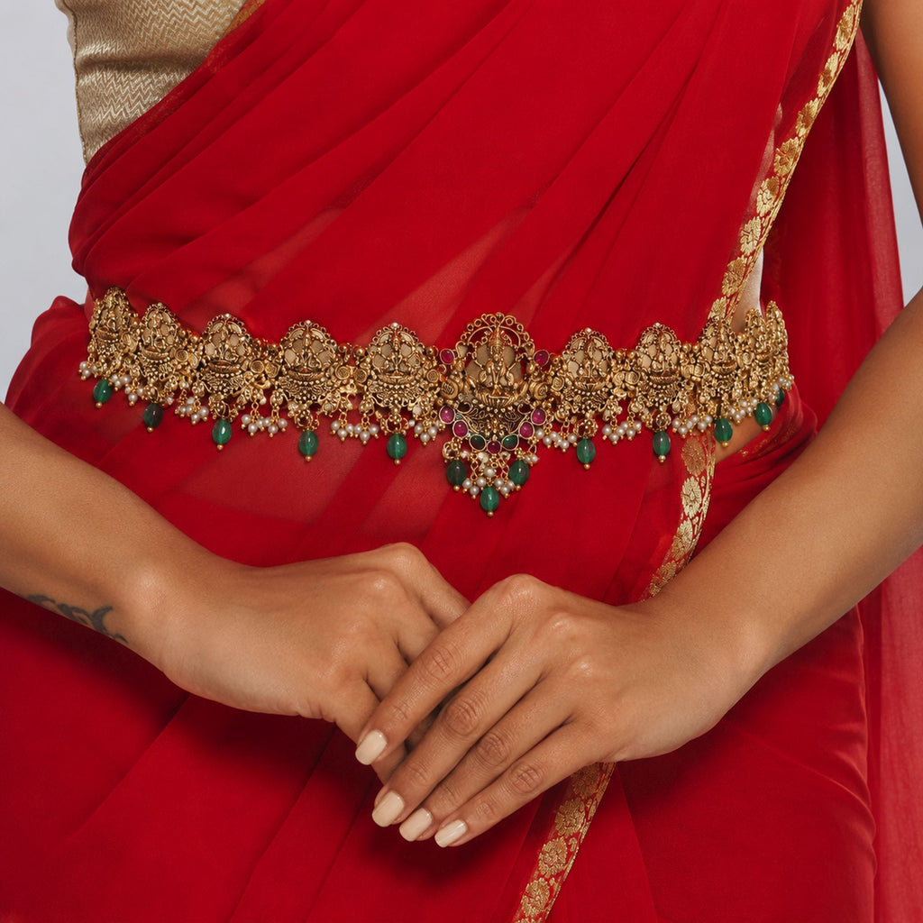 Green Color Temple Kamarband Traditional Saree Fashion Wear