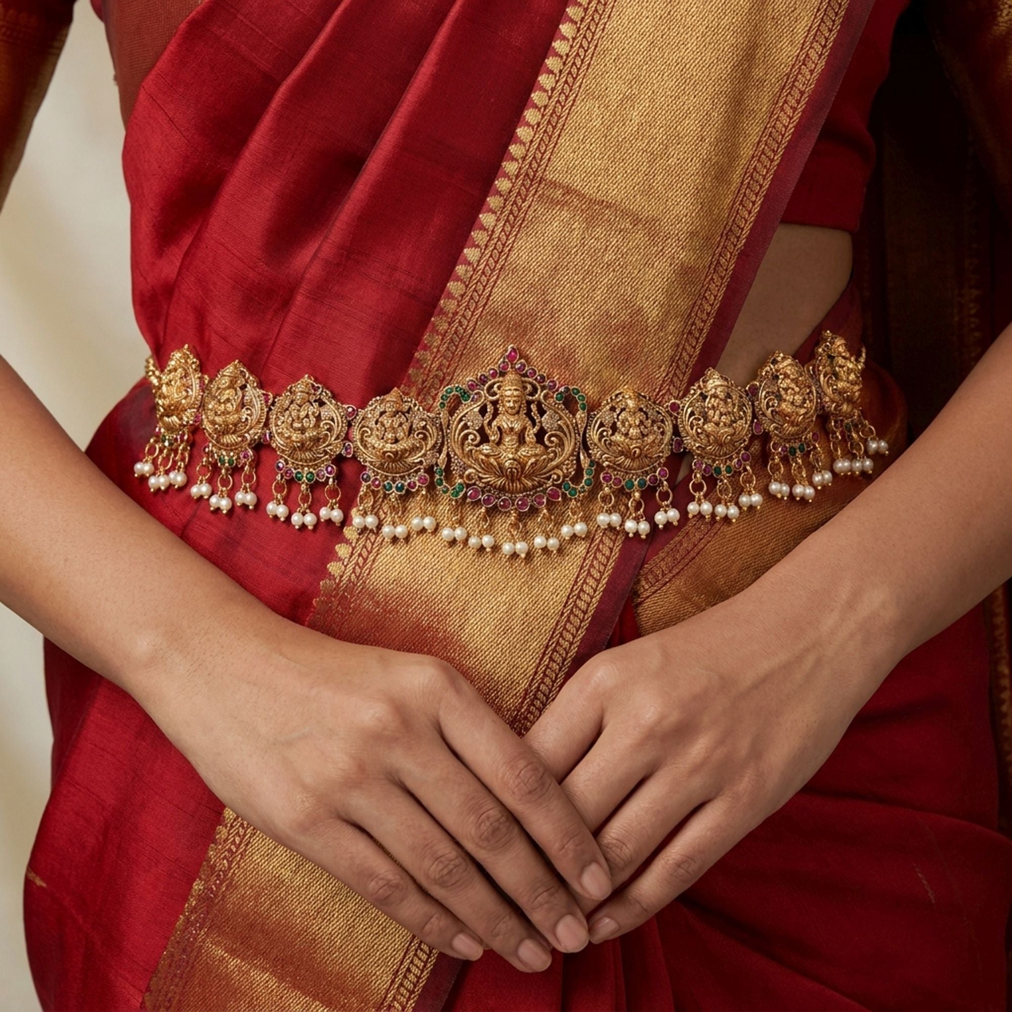 Maroon & Green Color Temple Kamarband Festive Saree Collection