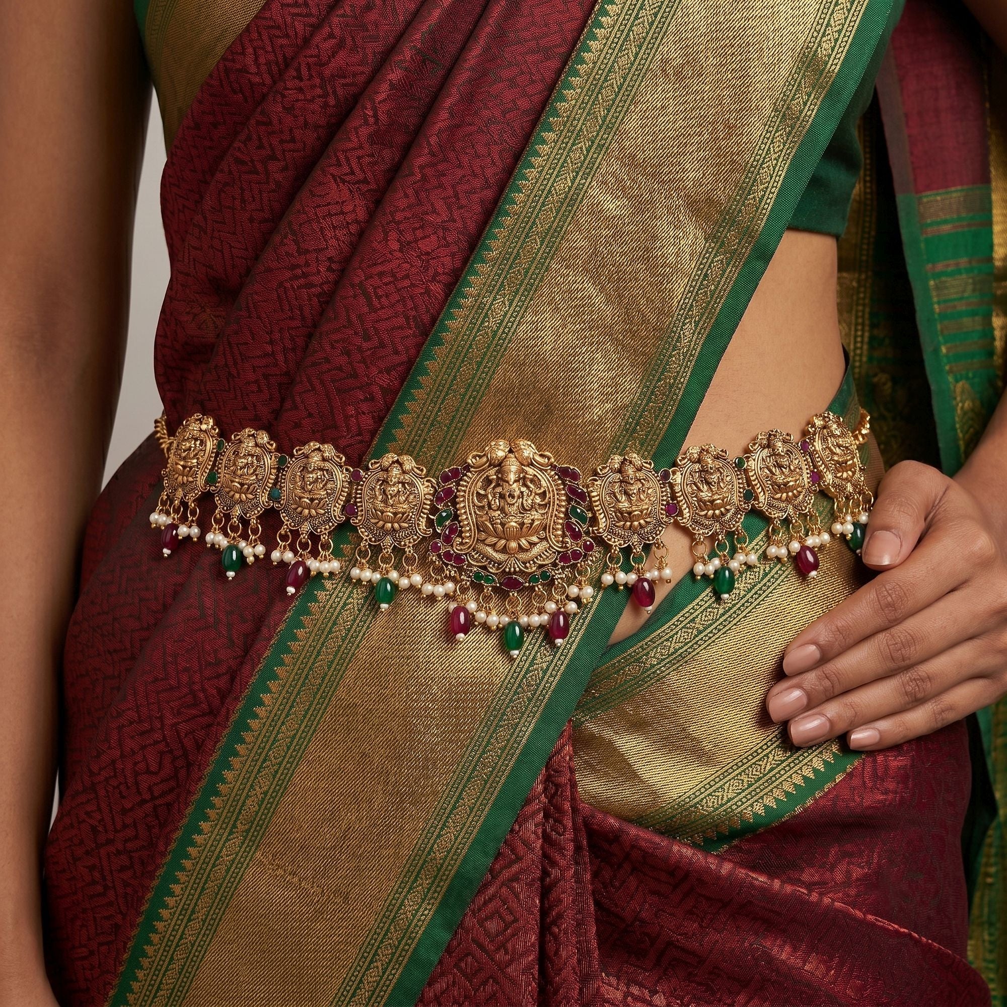 Maroon & Green Color Temple Kamarband Heritage Temple Style