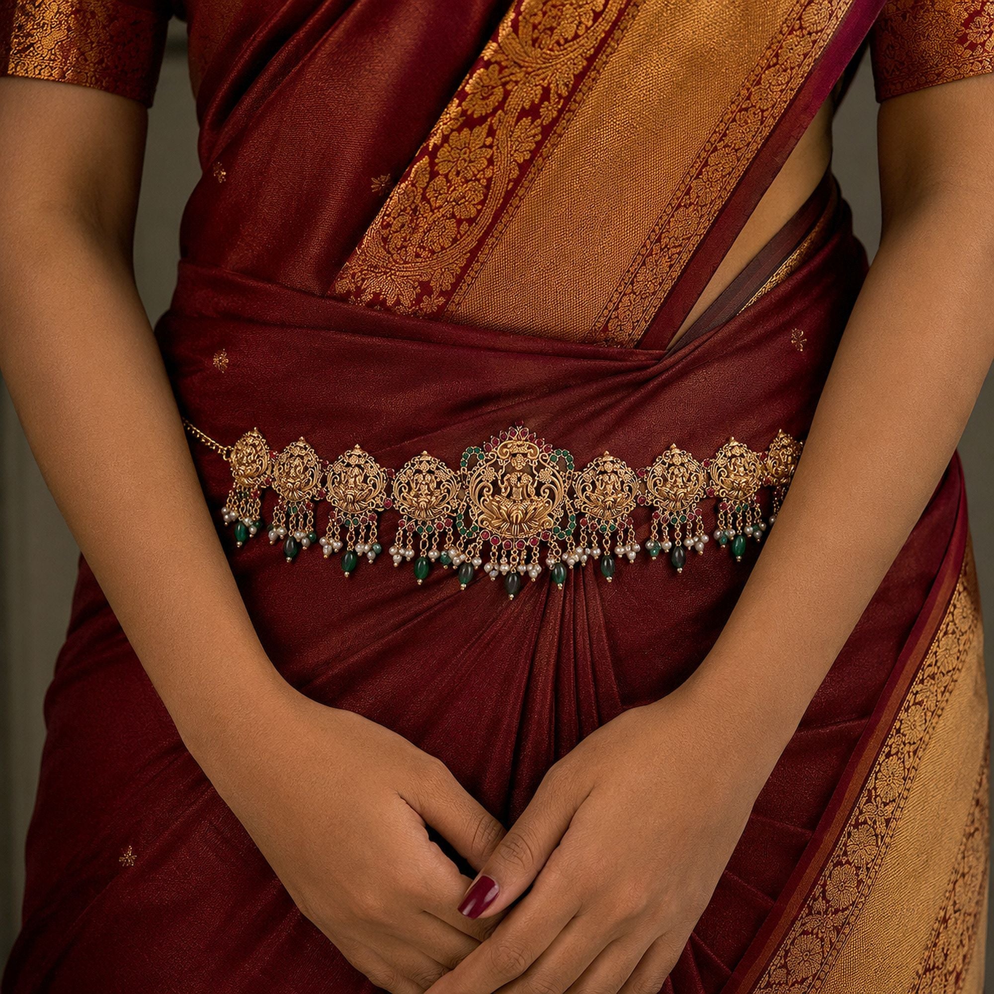 Green Color Temple Kamarband Traditional Bridal Artwork Design