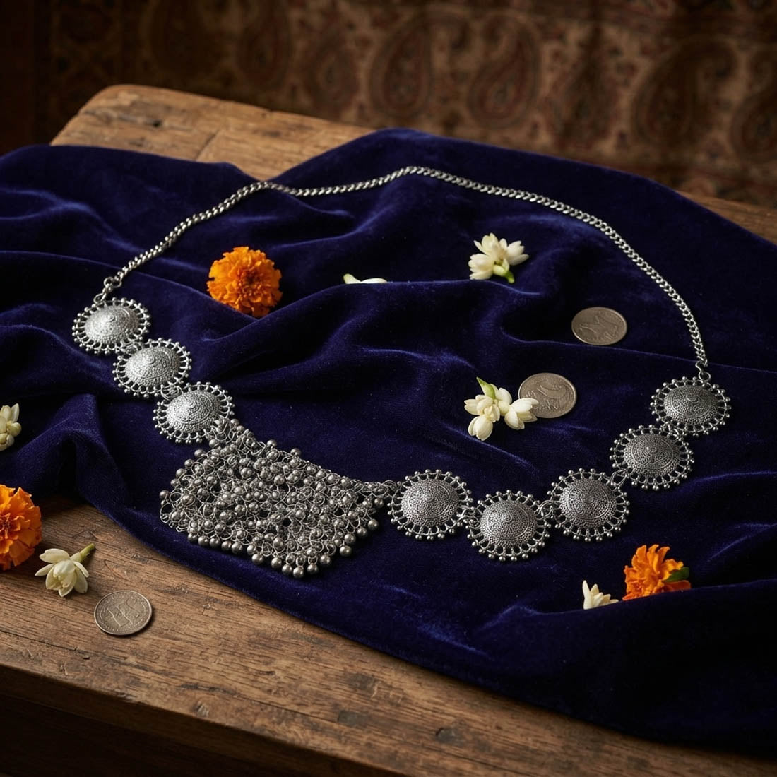 Classic Silver Color Oxidised Kamarband Featuring Intricate Ethnic Motifs