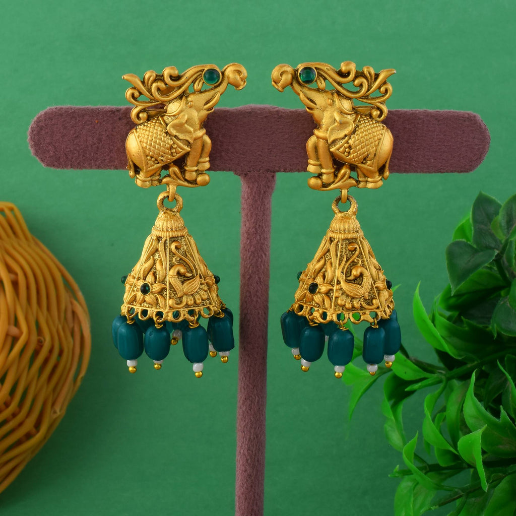 Elegant Green Color Traditional Matte Gold Earrings For Saree And Lehenga Look