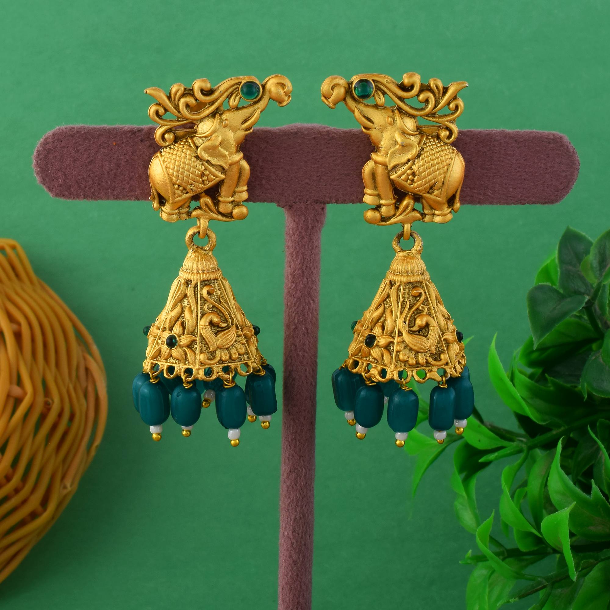 Elegant Green Color Traditional Matte Gold Earrings For Saree And Lehenga Look
