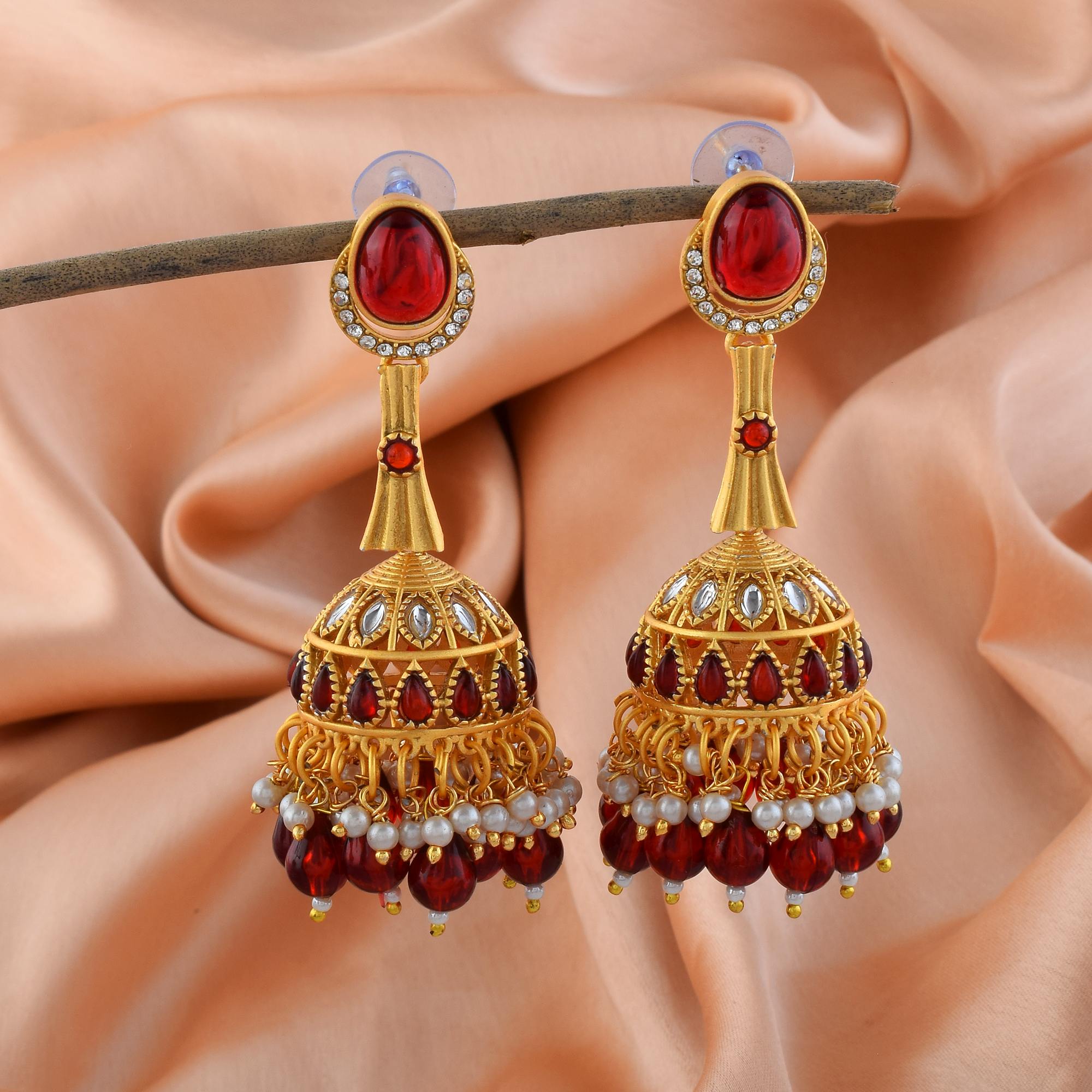 Stylish Maroon Color Matte Gold Earrings For Festive And Party Occasions