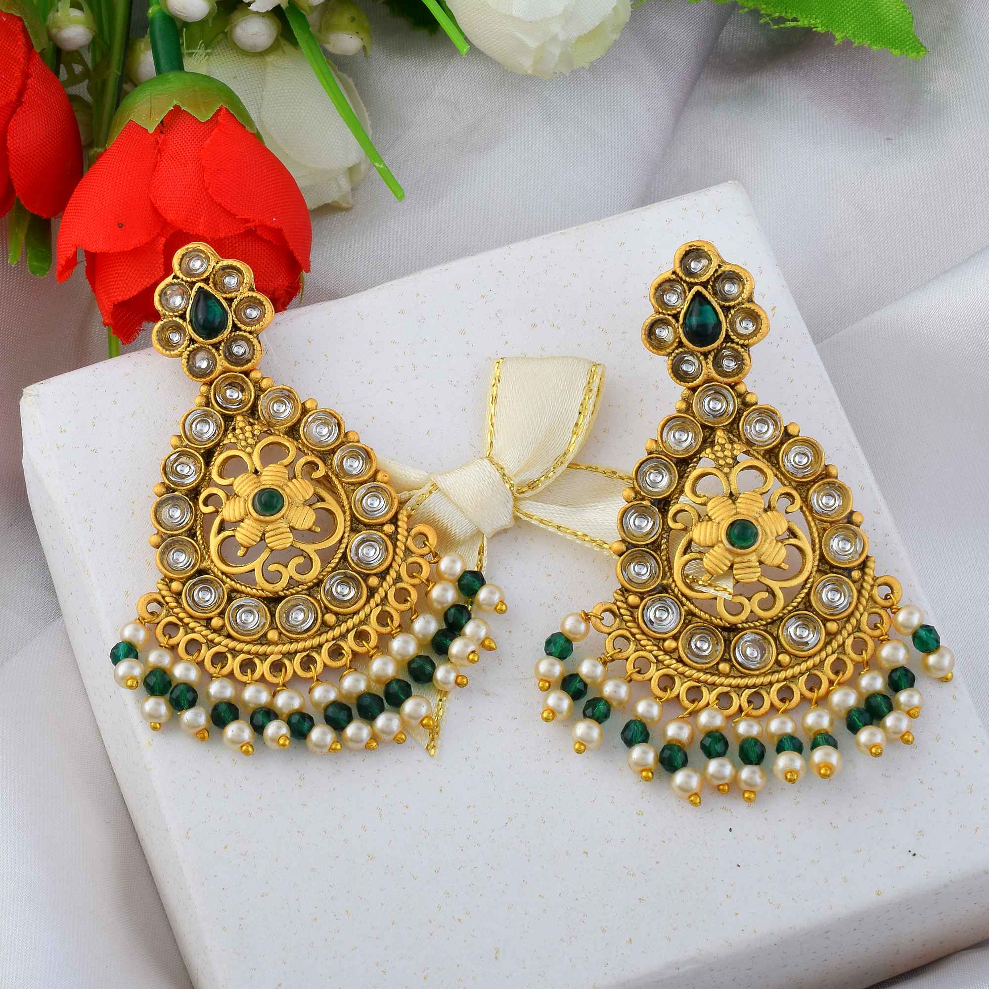 Graceful Green Color Matte Gold Earrings For Festivals And Ethnic Events
