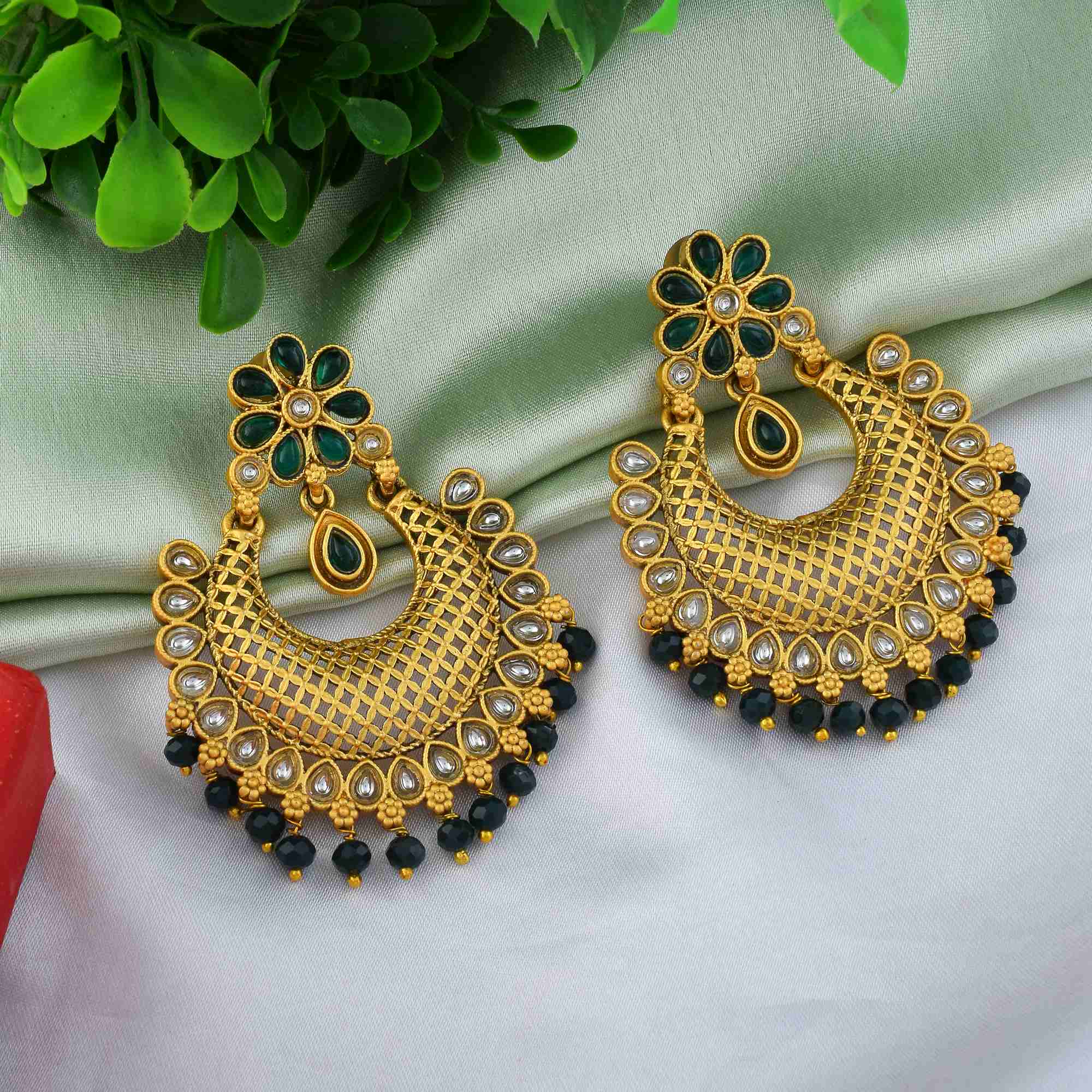 Stylish Green Color Matte Gold Earrings With Handcrafted Antique Design