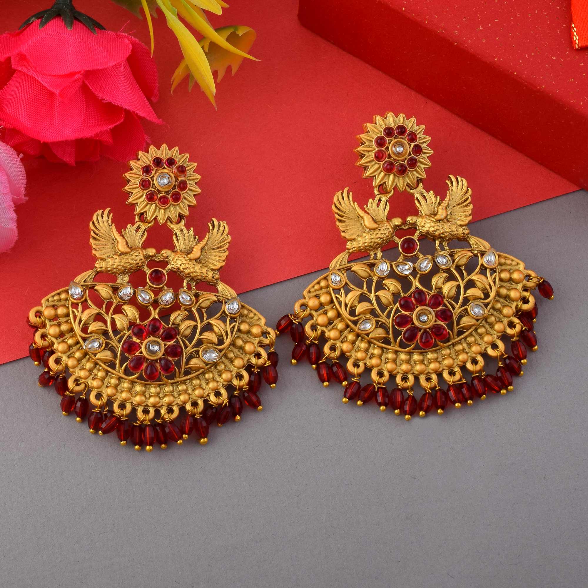 Elegant Maroon Color Matte Gold Earrings For Festive And Cultural Functions