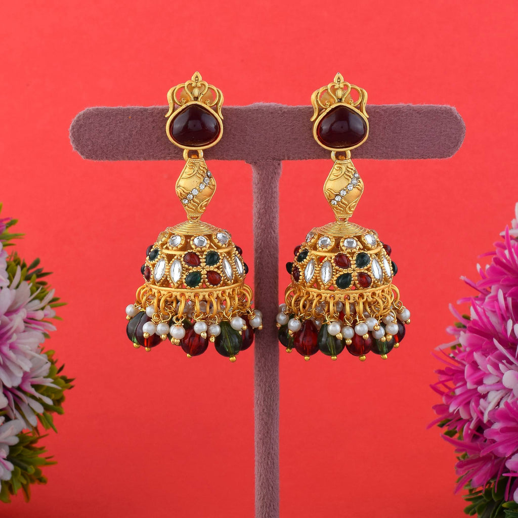 Elegant Maroon & Green Color Matte Gold Earrings With Stone Embellishment
