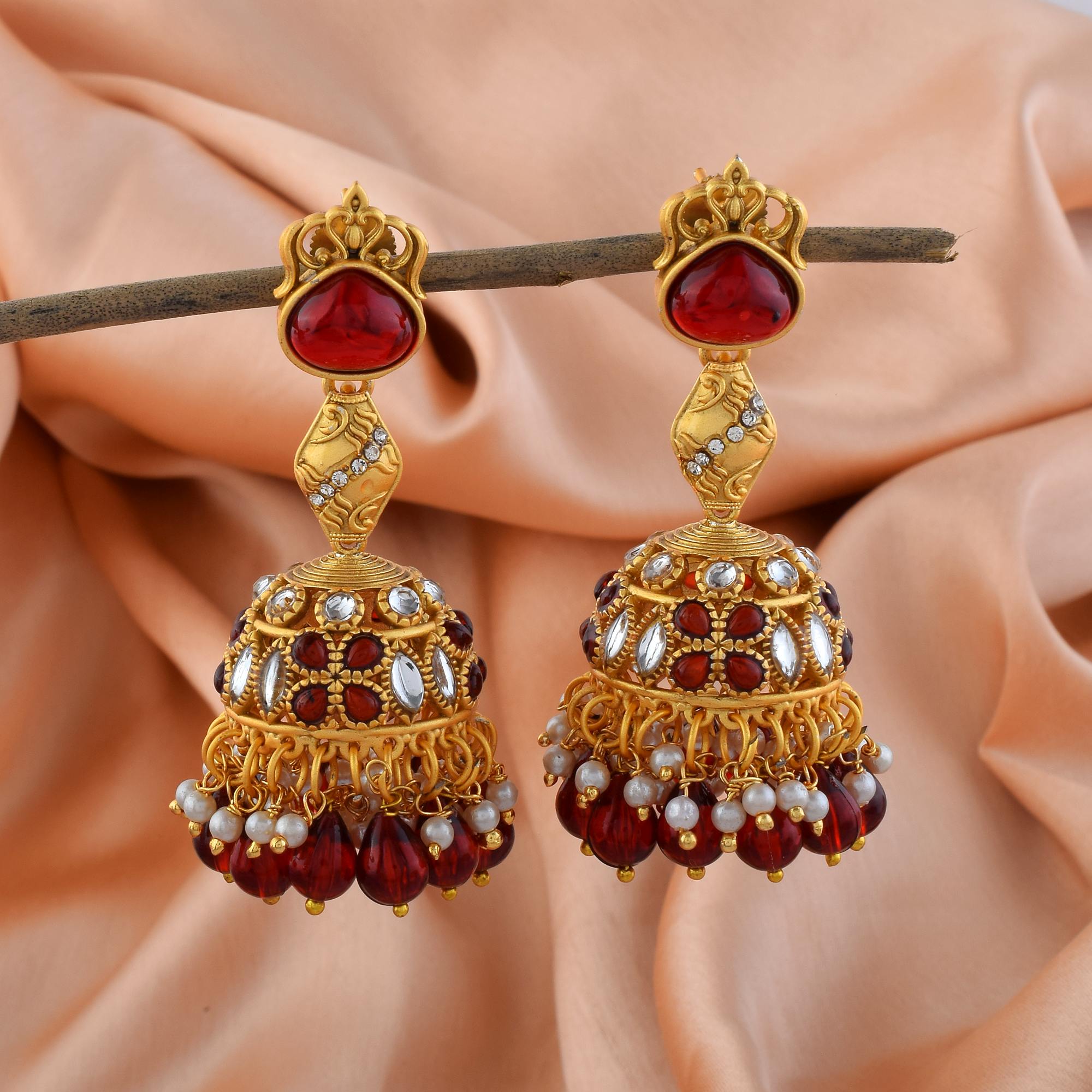Gorgeous Maroon Color Matte Gold Earrings With Antique Work
