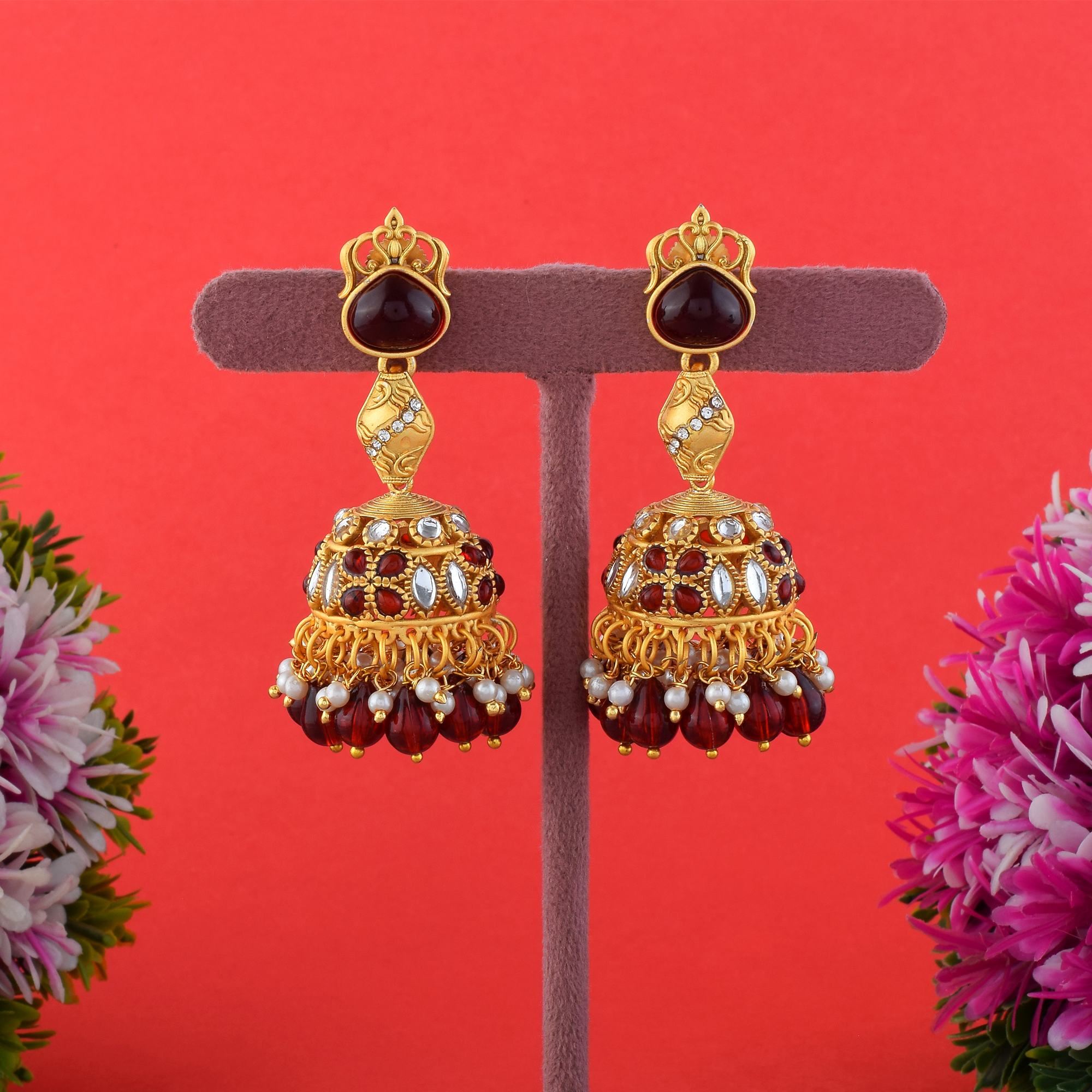 Gorgeous Maroon Color Matte Gold Earrings With Antique Work
