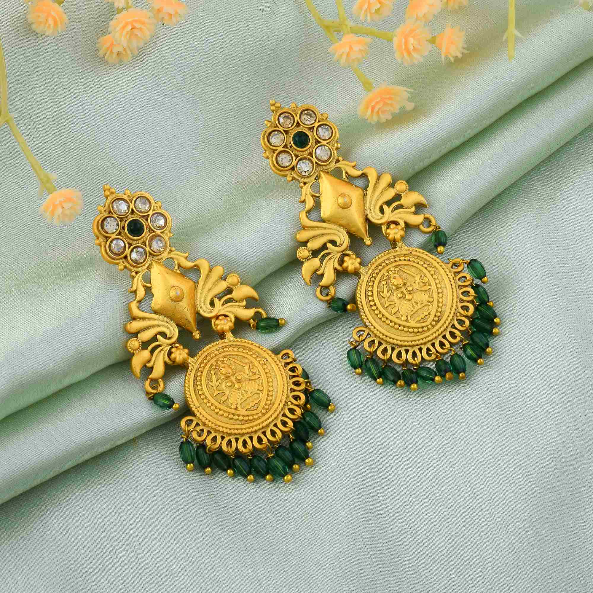 Stunning Green Color Matte Gold Earrings With Artistic Floral Stone Design