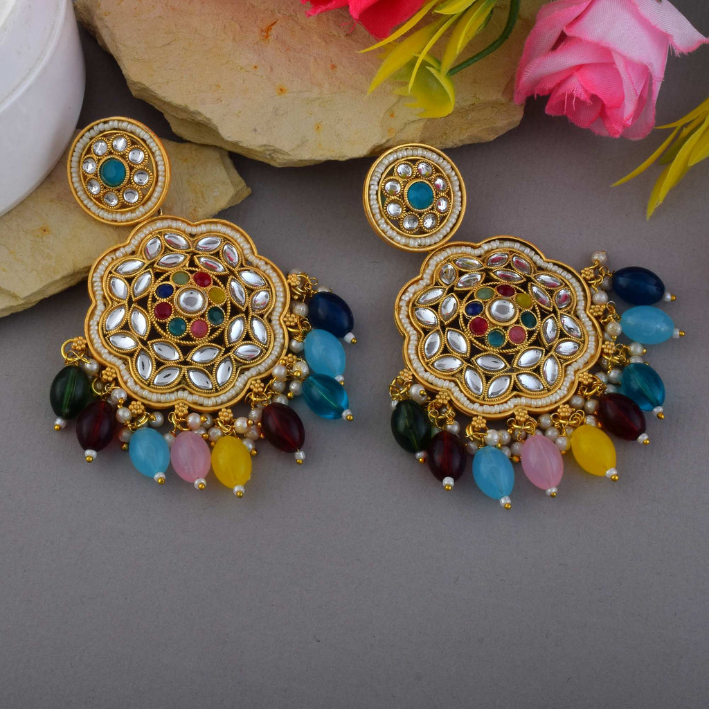Multi Color Kundan Matte Gold Earrings With Traditional Indian Handcrafted Design