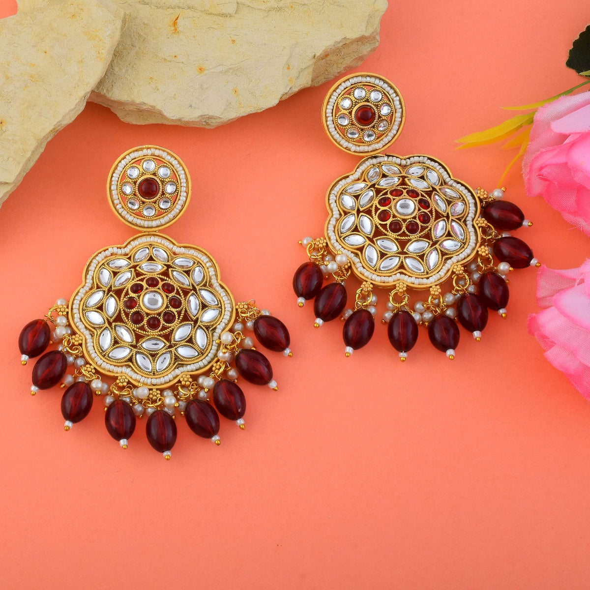 Beautiful Maroon Color Kundan Matte Gold Earrings For Wedding And Festival Looks