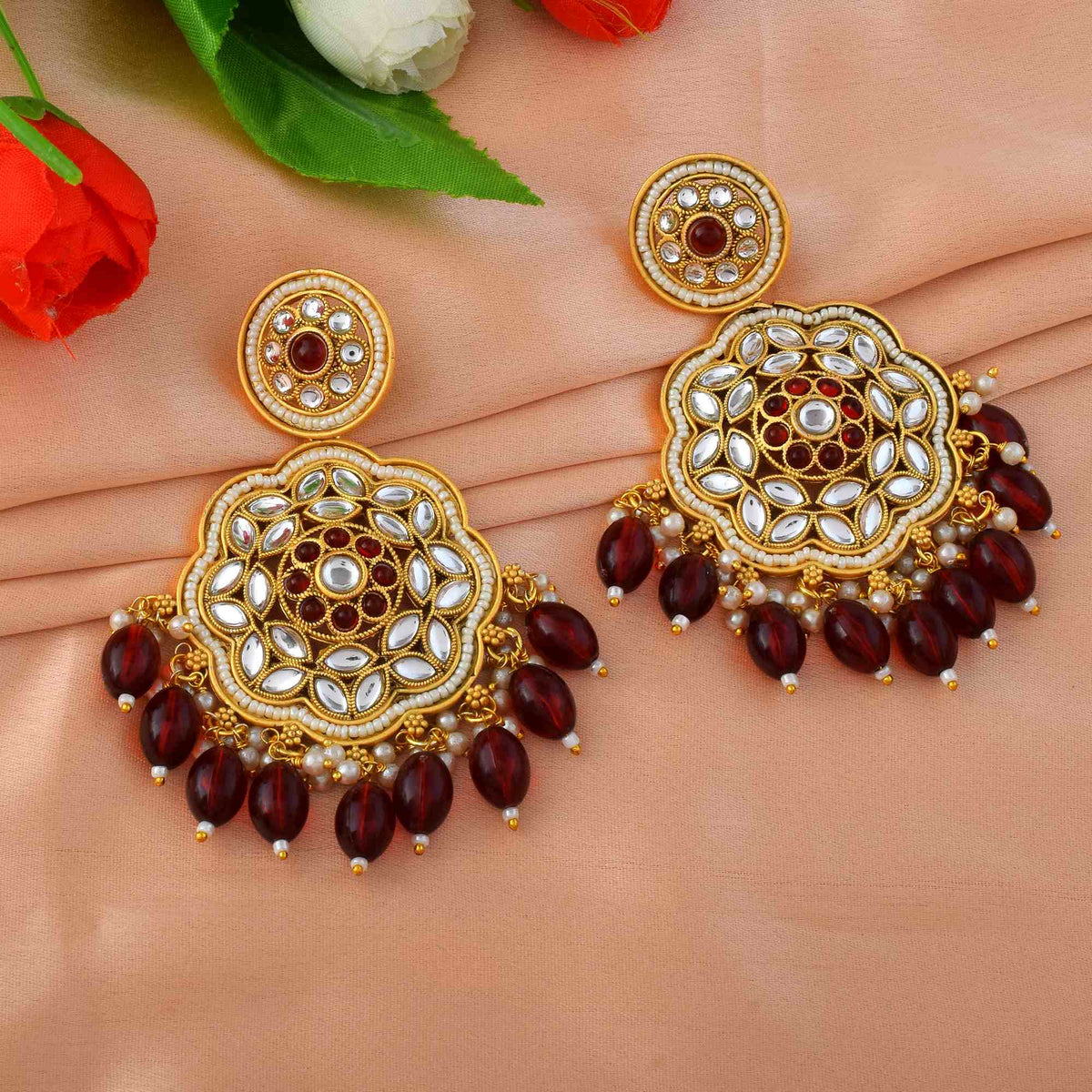 Beautiful Maroon Color Kundan Matte Gold Earrings For Wedding And Festival Looks