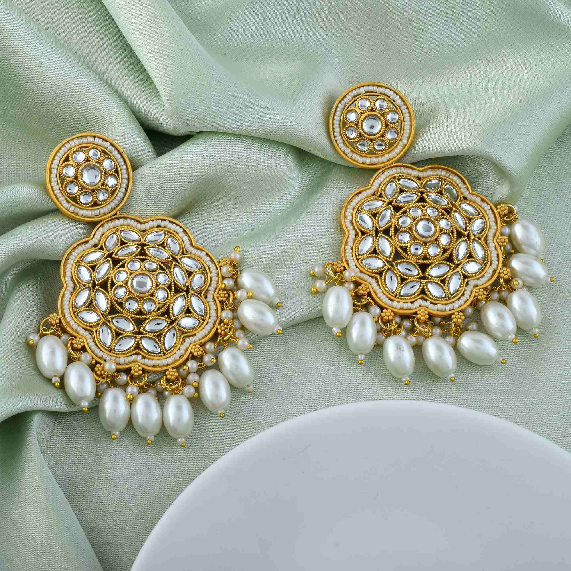 Classic White Color Kundan Matte Gold Earrings For Bride And Festive Occasions