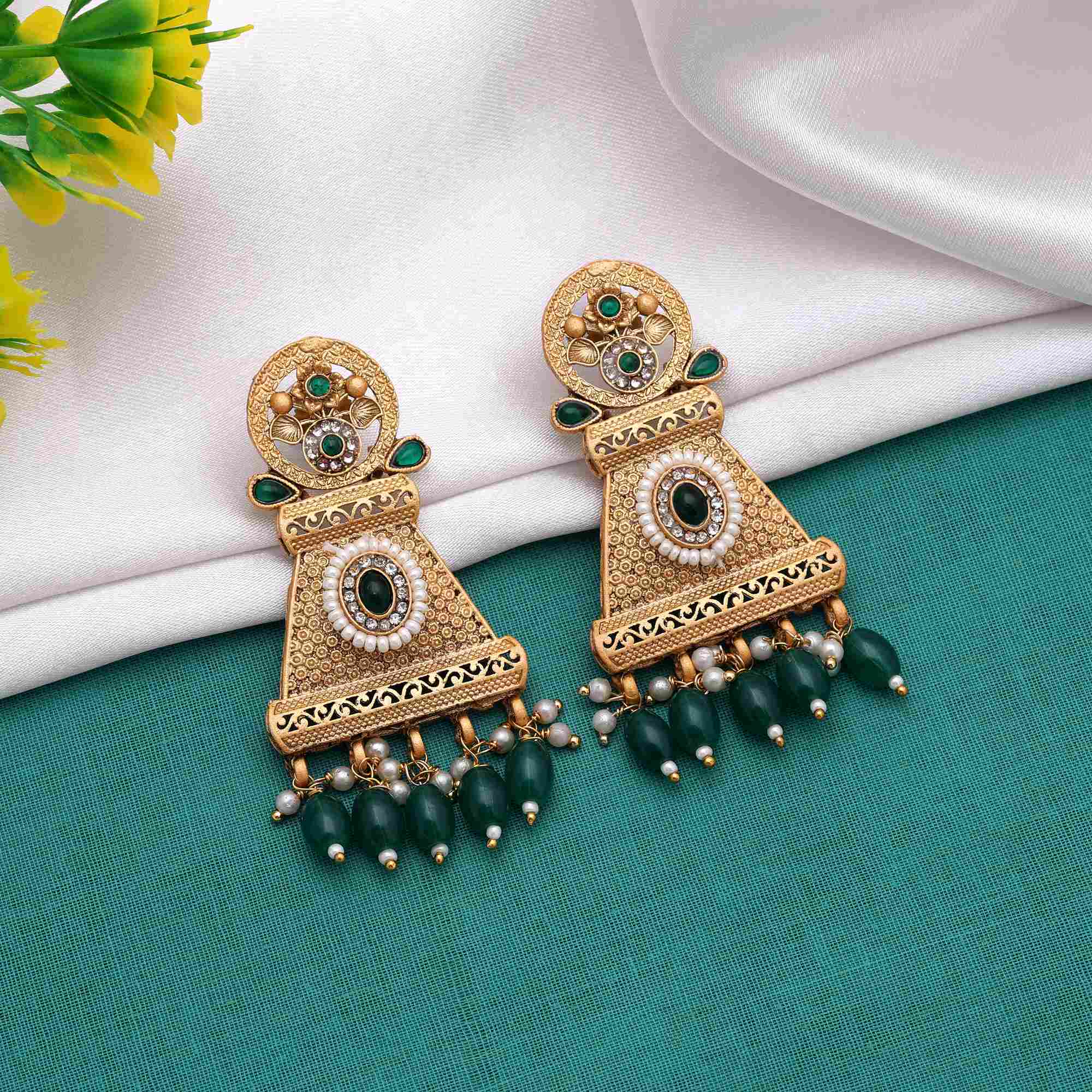 Elegant Green Color Matte Gold Earrings With Kundan And Craftwork