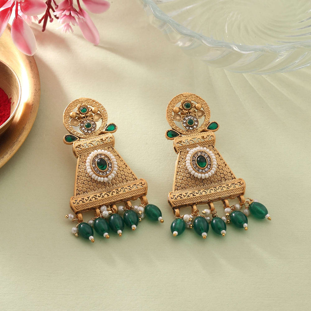 Elegant Green Color Matte Gold Earrings With Kundan And Craftwork