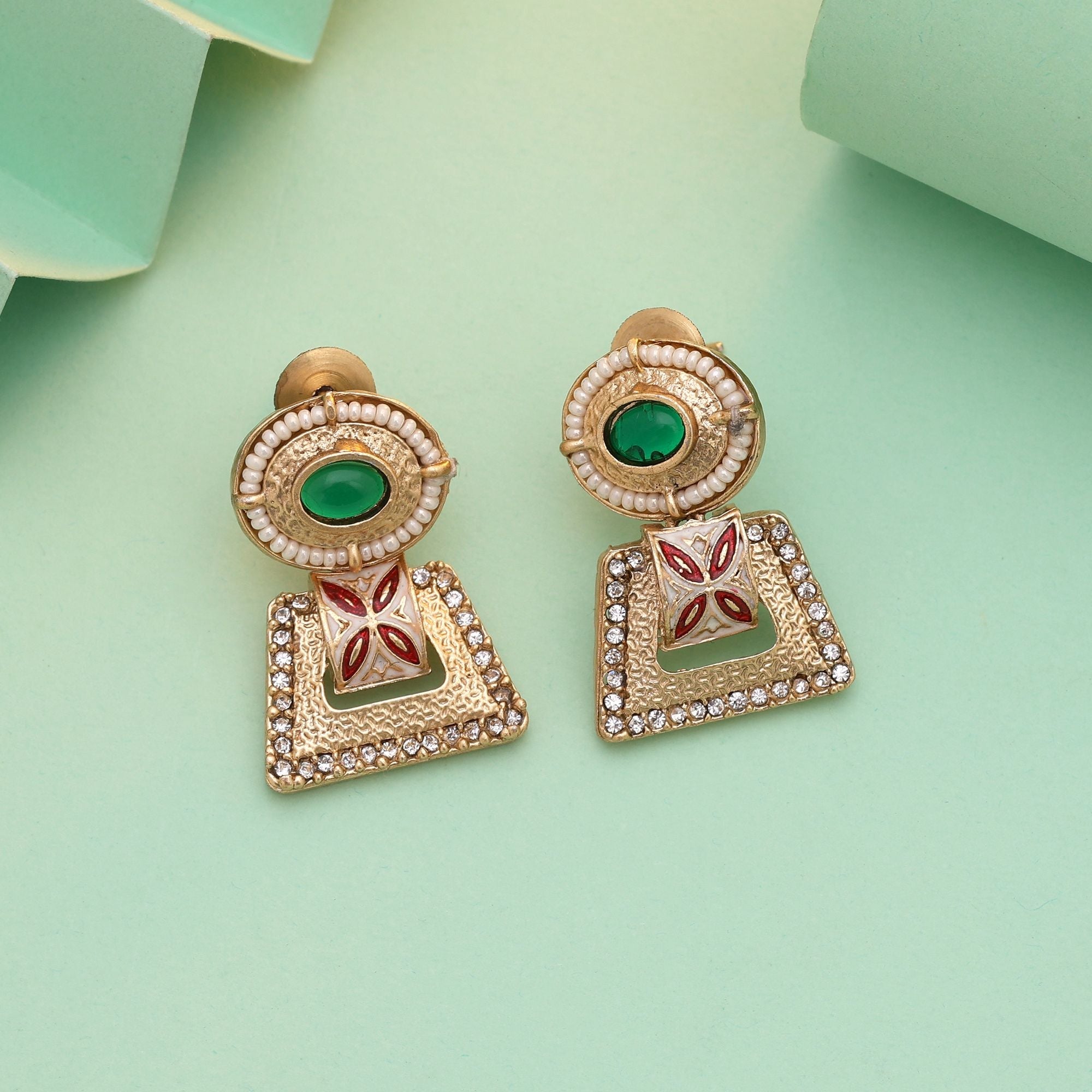 Maroon & Green Color Matte Gold Earrings