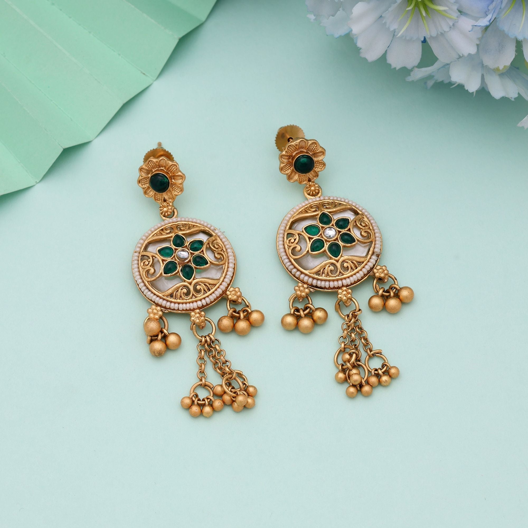 Green Color Ethnic Matte Gold Earrings