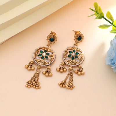 Green Color Ethnic Matte Gold Earrings