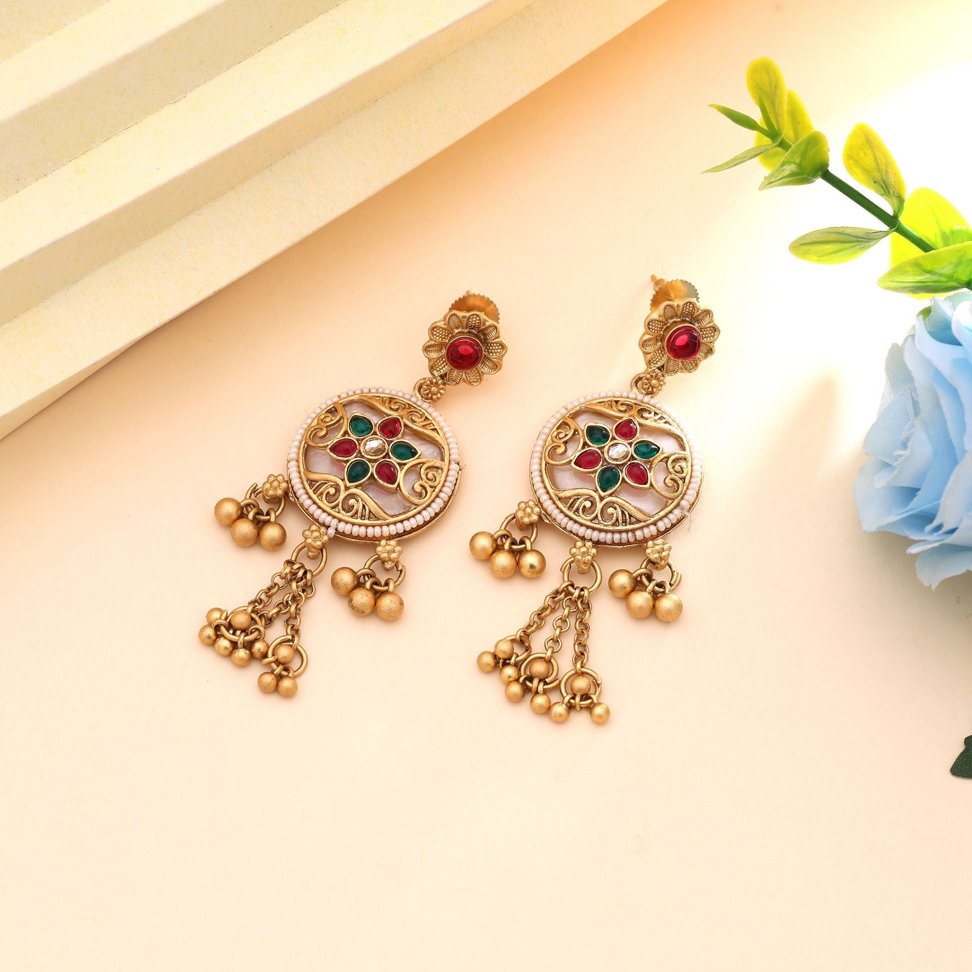 Rani & Green Color Festive Matte Gold Earrings