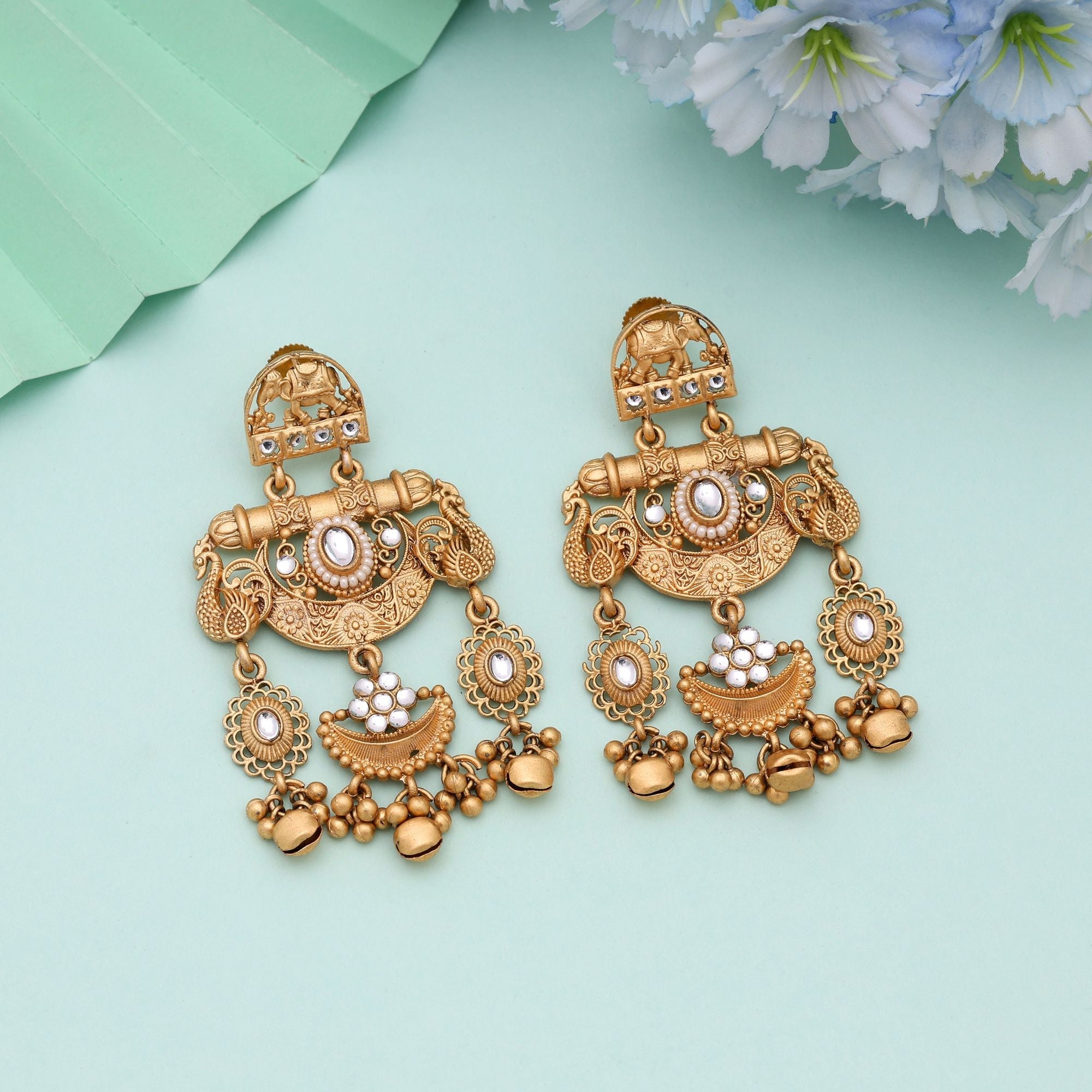 White Color Traditional Matte Gold Earrings