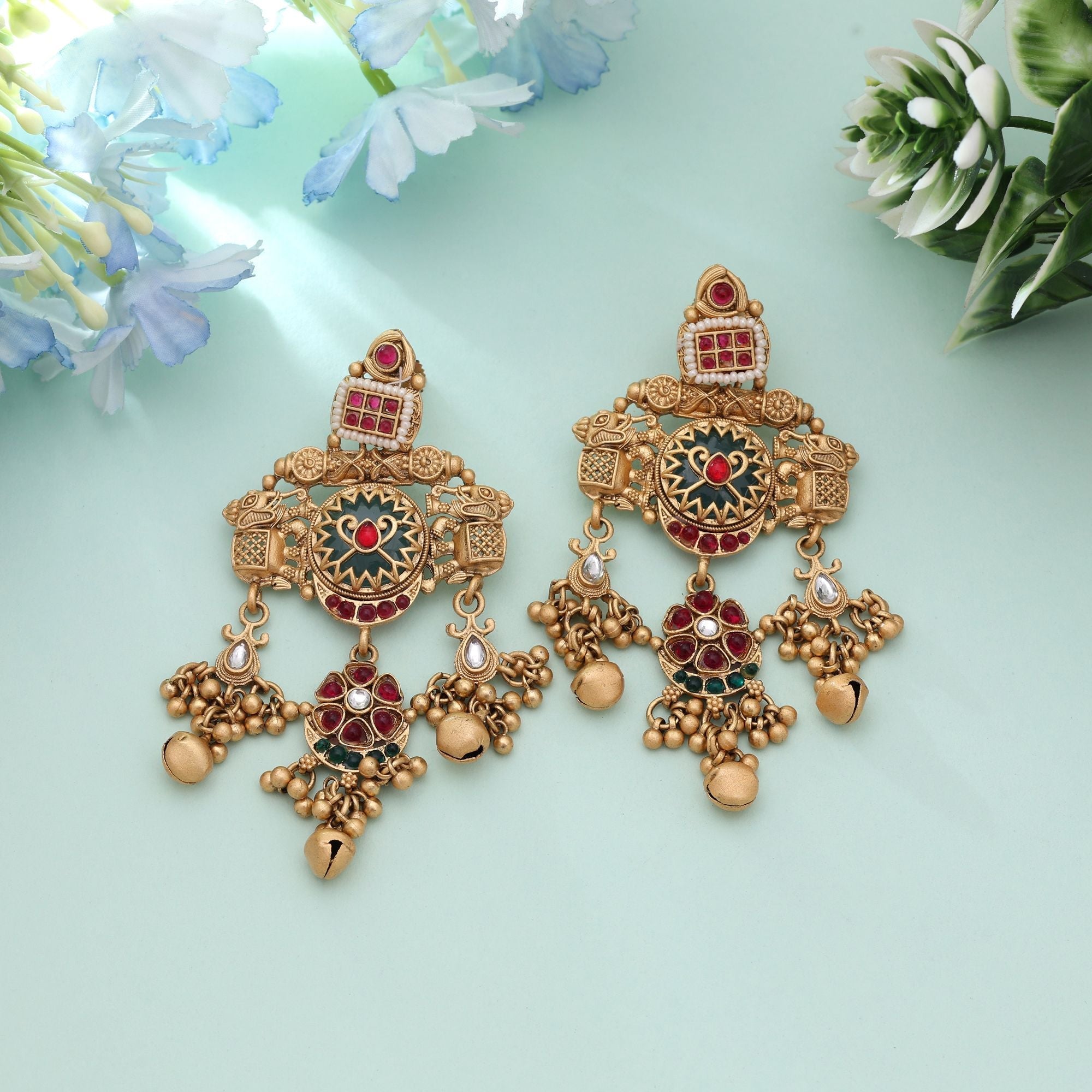Rani & Green Color Heritage Matte Gold Earrings