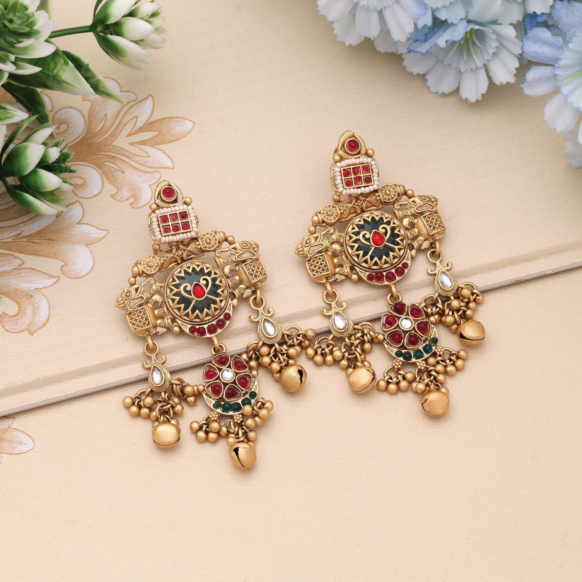 Rani & Green Color Heritage Matte Gold Earrings