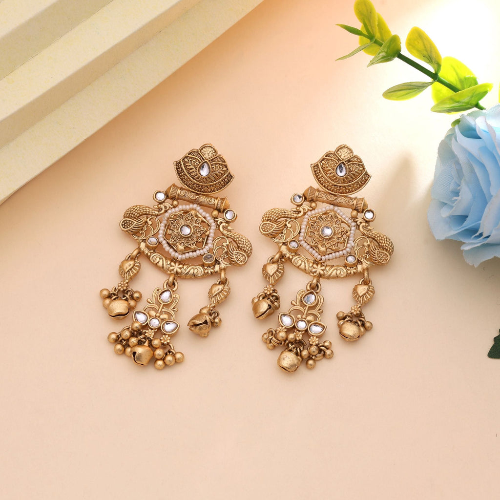 White Color Party Wear Matte Gold Earrings