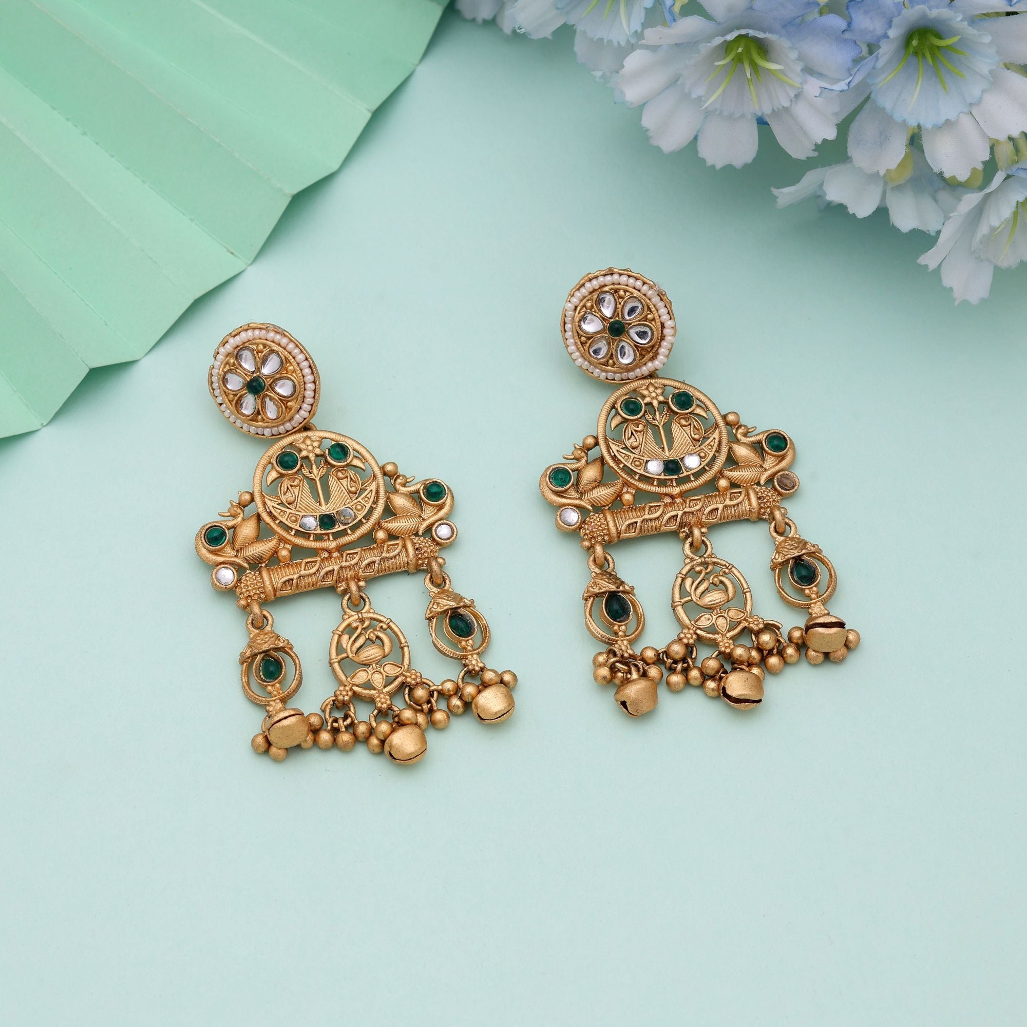 Green Color Handcrafted Matte Gold Earrings