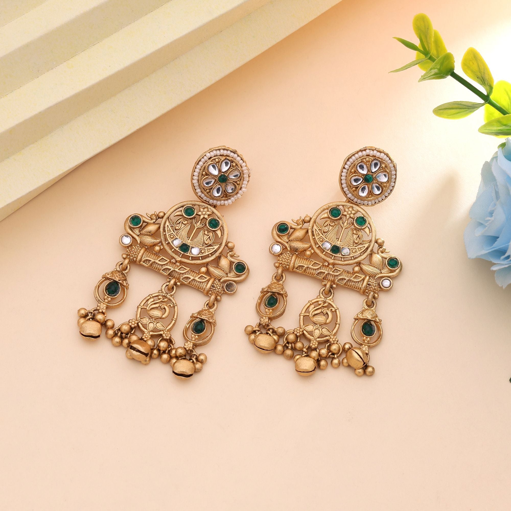Green Color Handcrafted Matte Gold Earrings