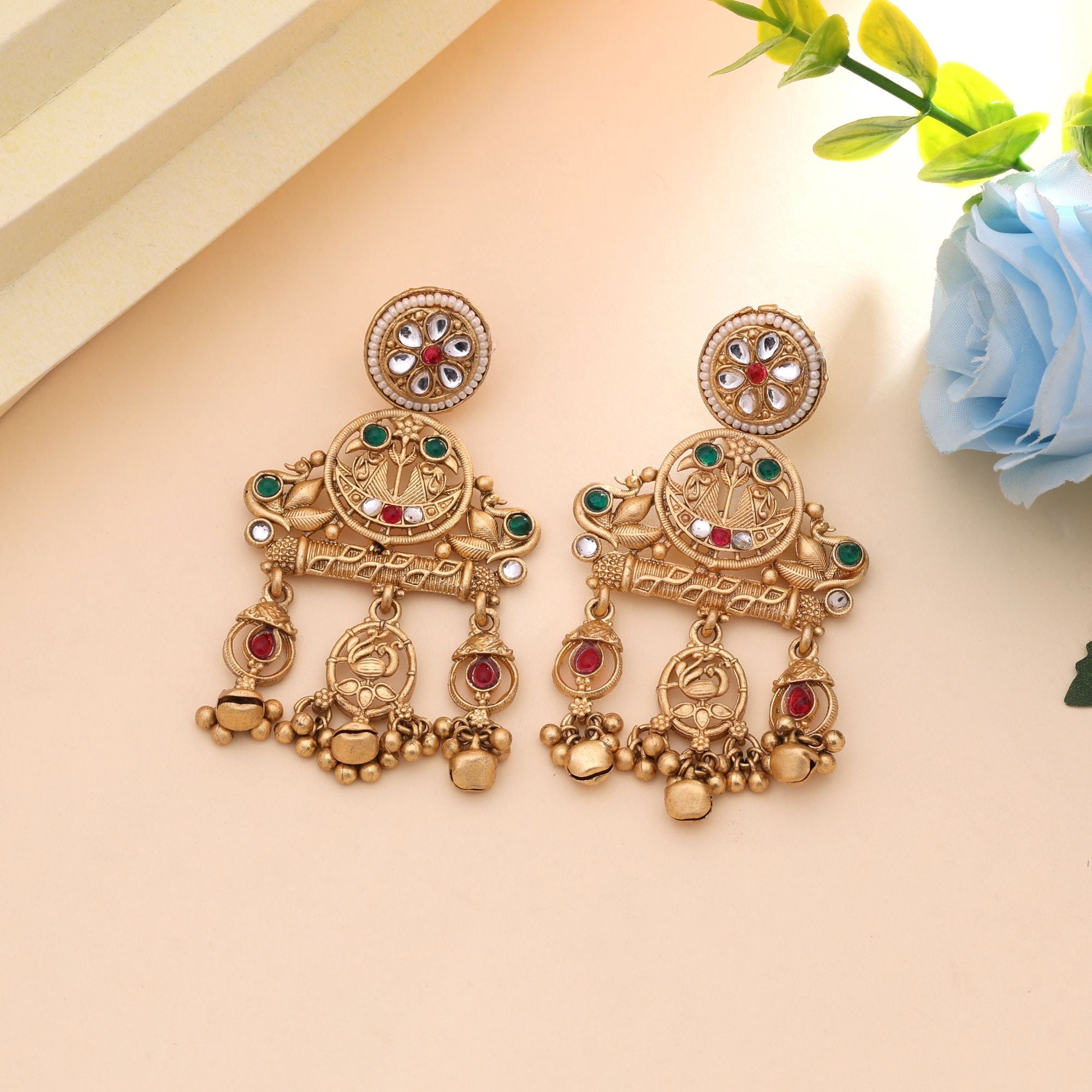 Rani & Green Color Wedding Matte Gold Earrings