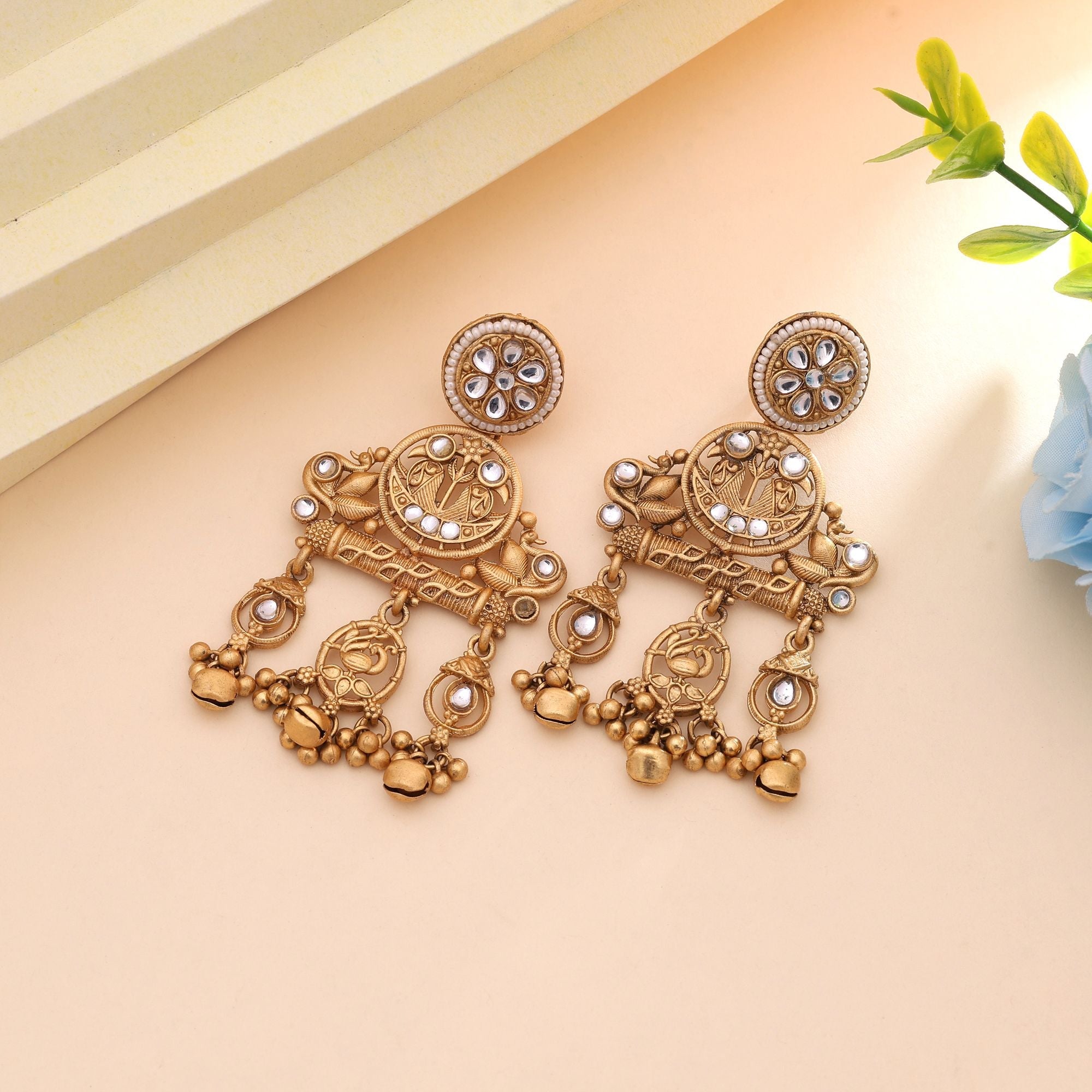 White Color Bridal Matte Gold Earrings