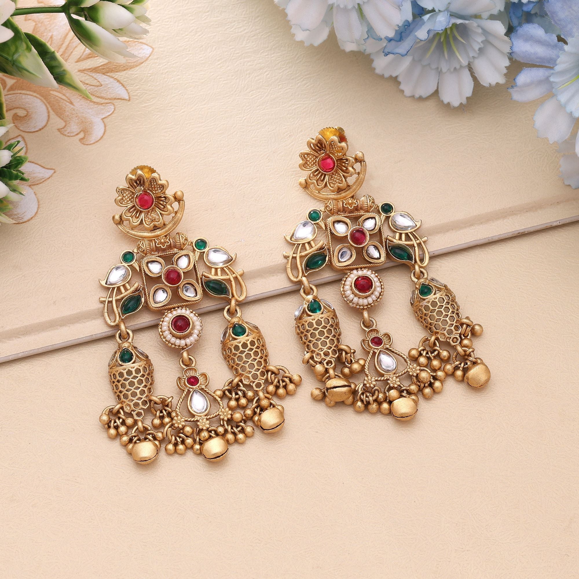 Rani & Green Color Designer Matte Gold Earrings