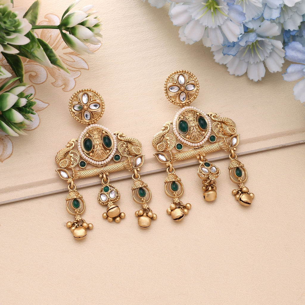 Green Color Festive Matte Gold Earrings